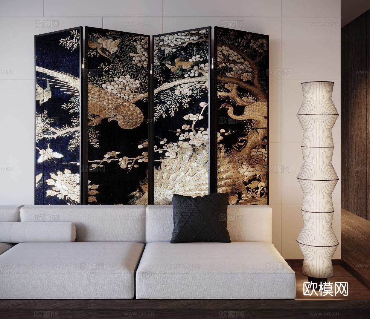 新中式屏风 沙发 落地灯3d模型下载