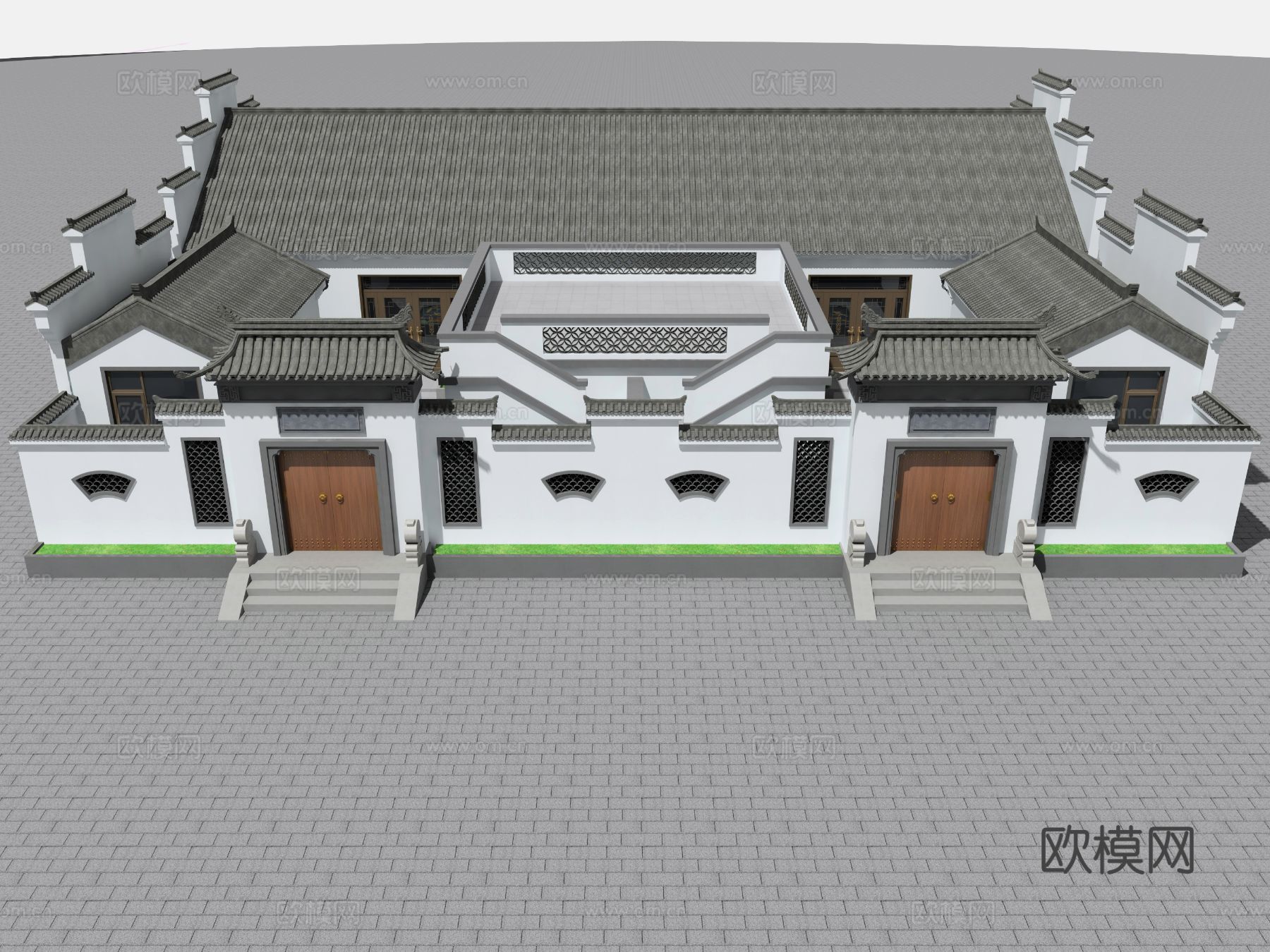 新中式双拼别墅外观 徽派建筑庭院3d模型