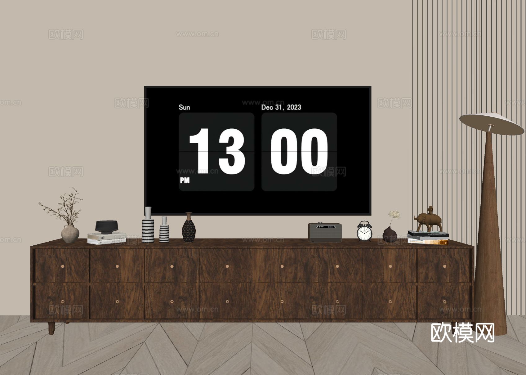 中古风电视柜su模型下载（渲染图1）