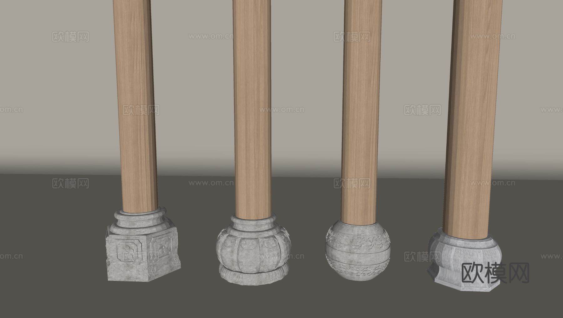 中式石墩子柱子 木质柱子su模型下载（渲染图1）