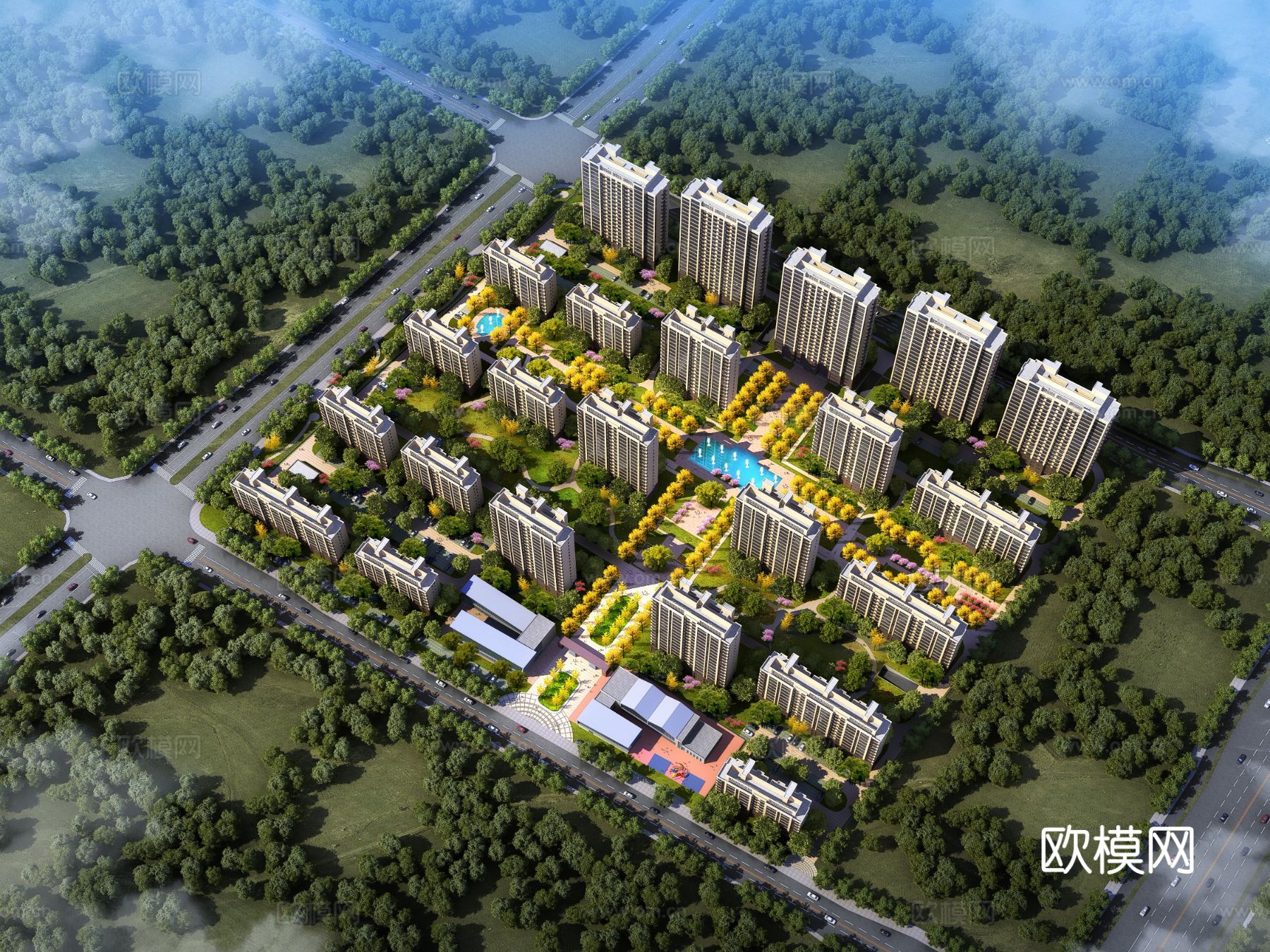 住宅小区鸟瞰3d模型下载