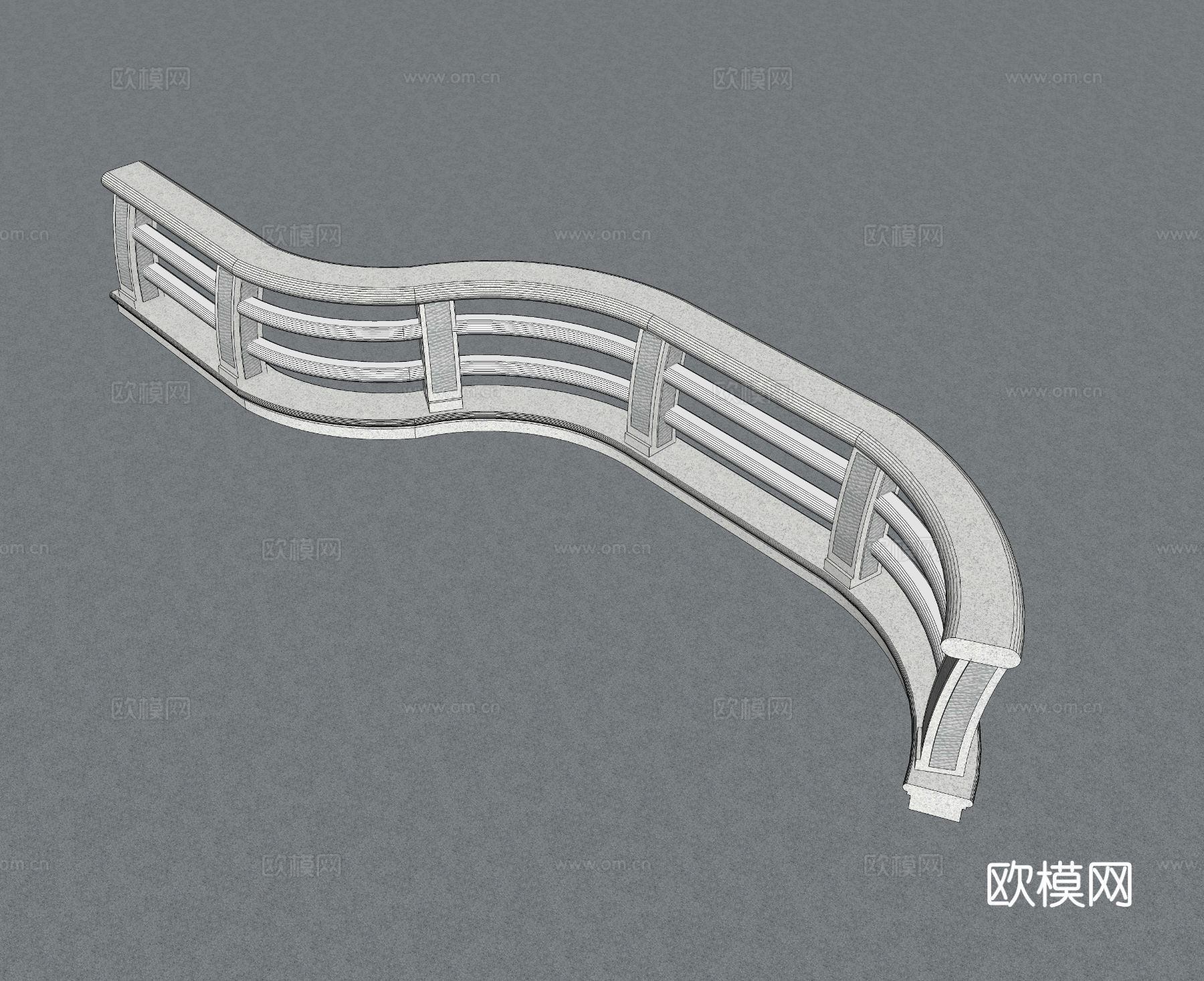 中式弧形石栏杆 石围栏su模型