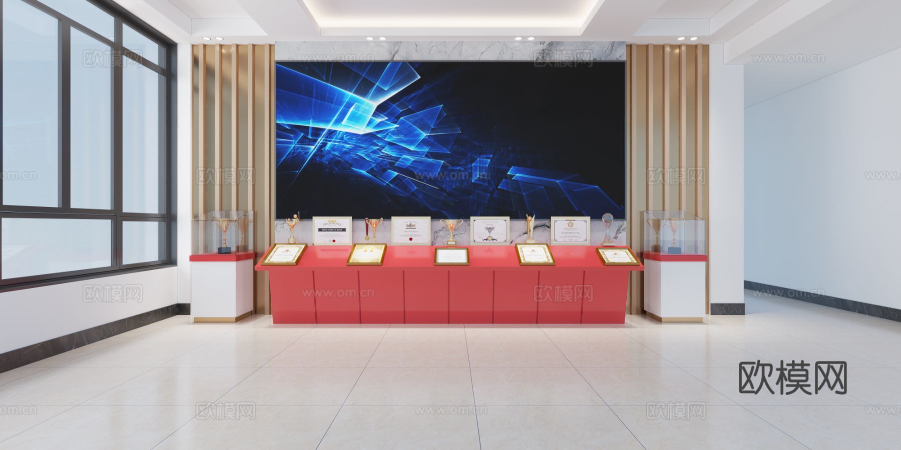 现代学校荣誉墙 奖杯 奖状3d模型下载