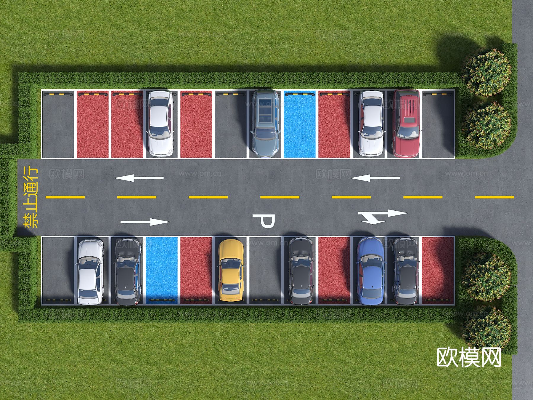 现代户外停车场 停车位 植草砖停车3d模型下载
