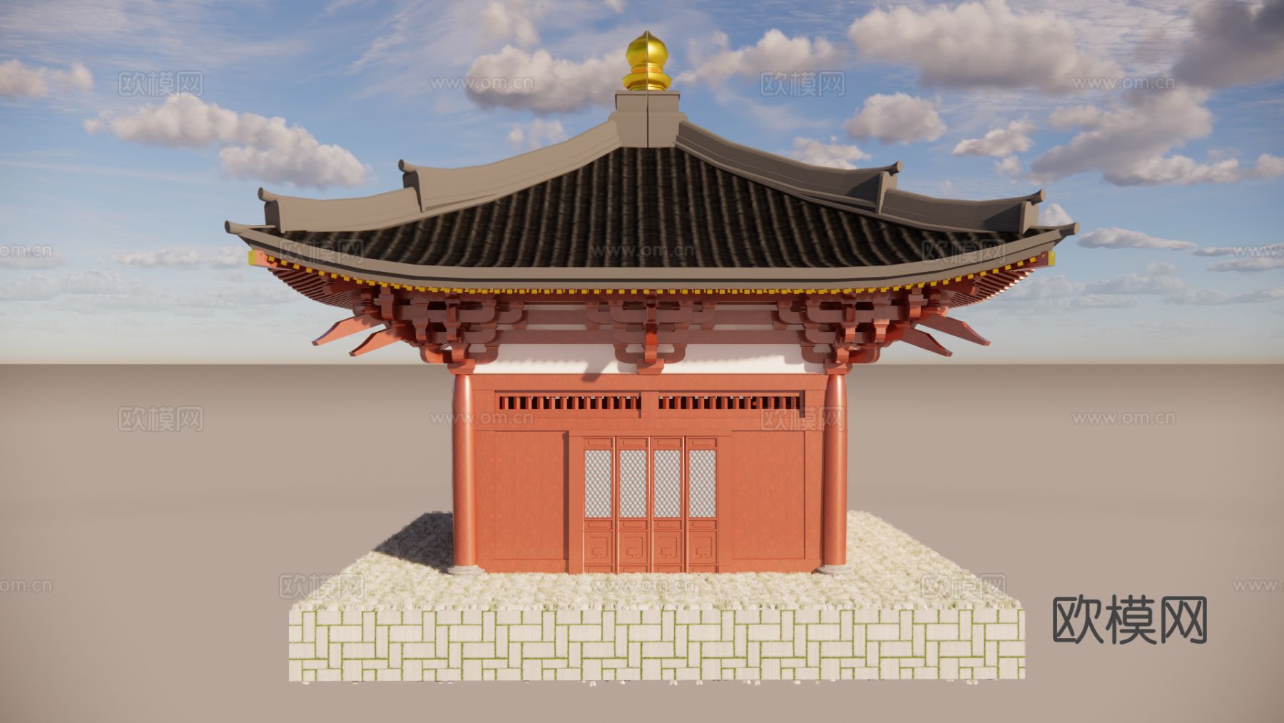 中式四角角楼 钟鼓楼su模型下载（渲染图3）
