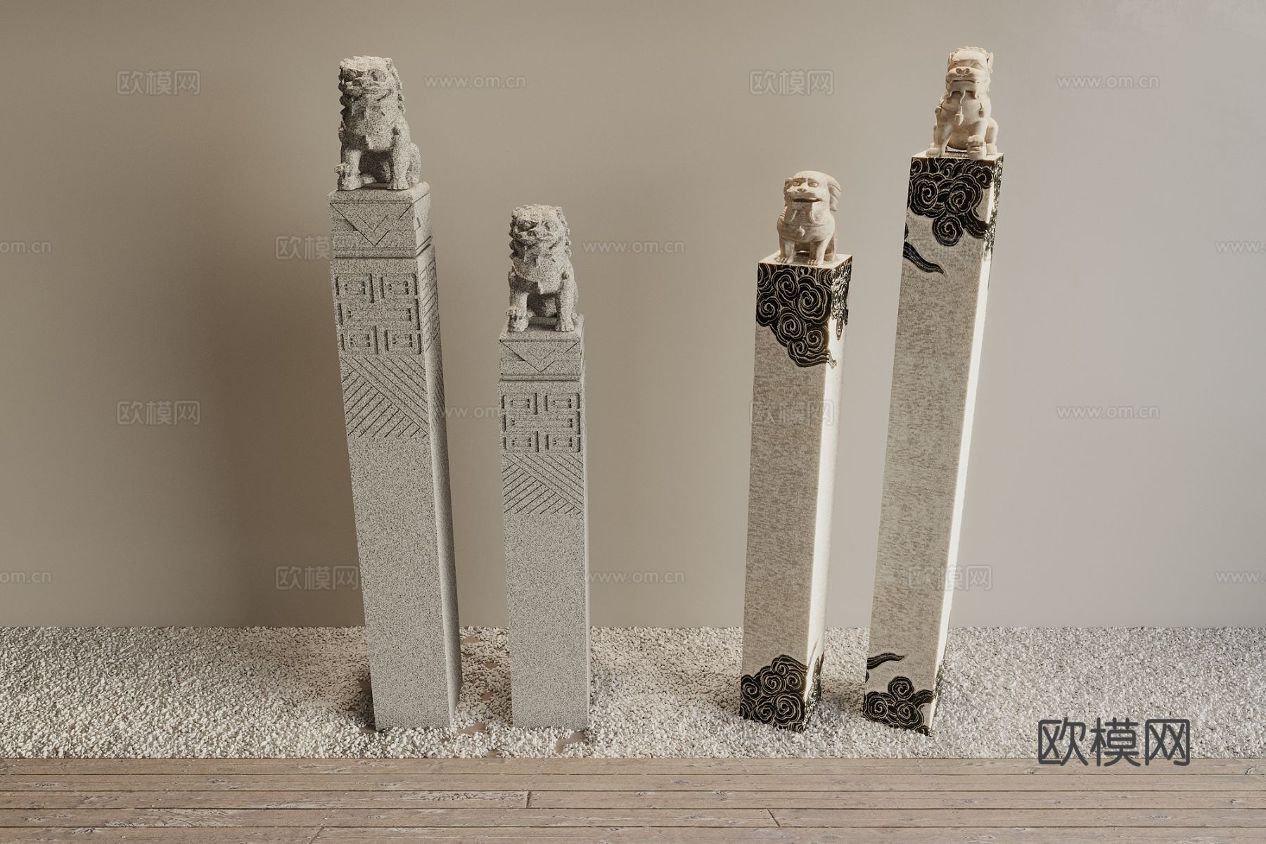 中式拴马桩 石狮子3d模型下载