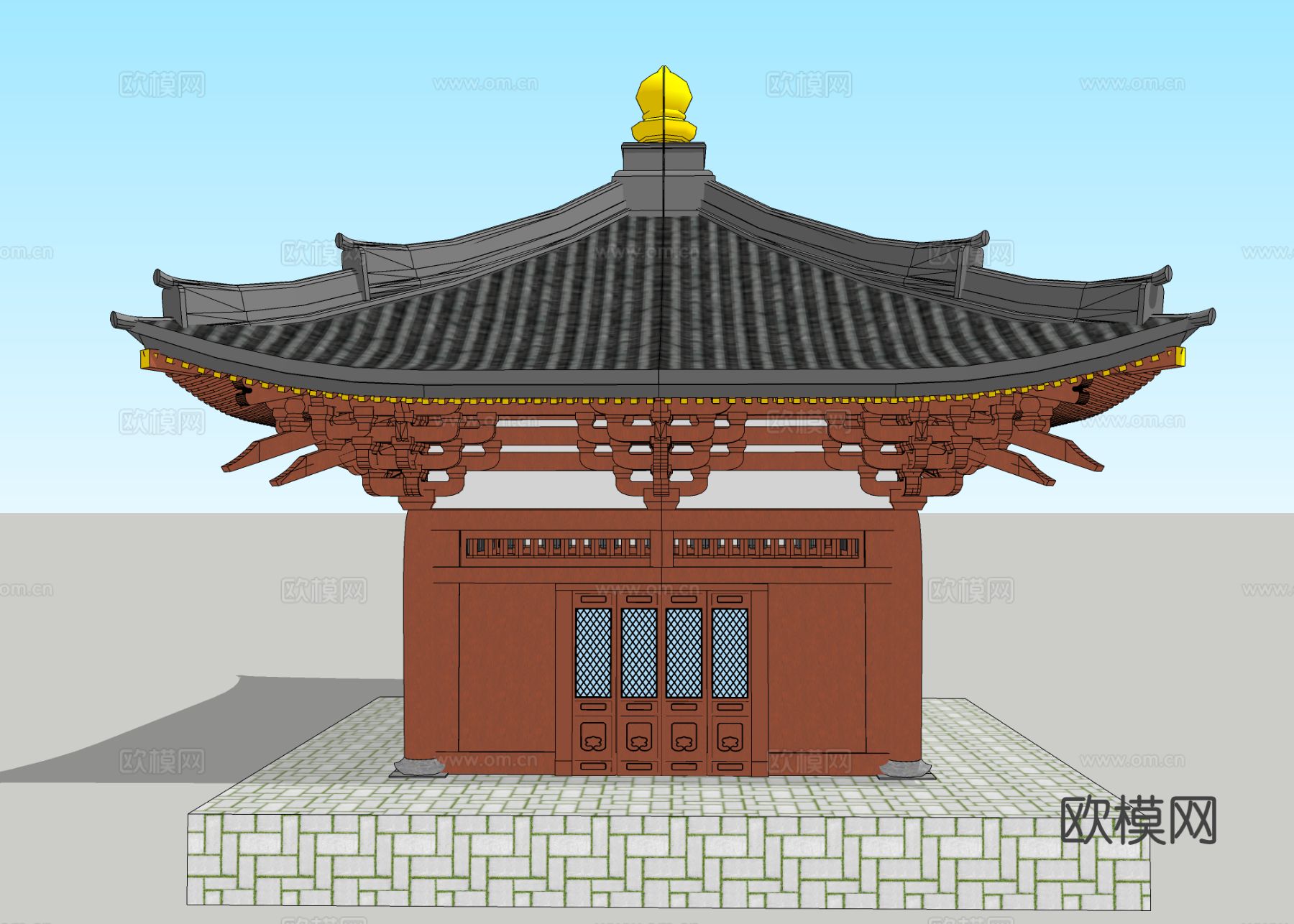 中式四角角楼 钟鼓楼su模型下载（渲染图1）