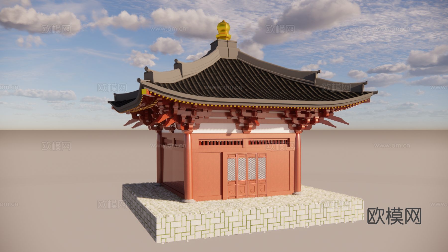 中式四角角楼 钟鼓楼su模型下载（渲染图2）