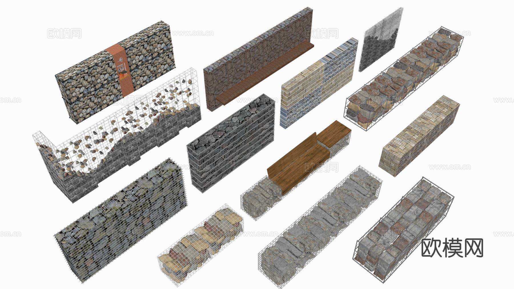 现代石笼景墙 石笼座椅 石笼挡墙su模型