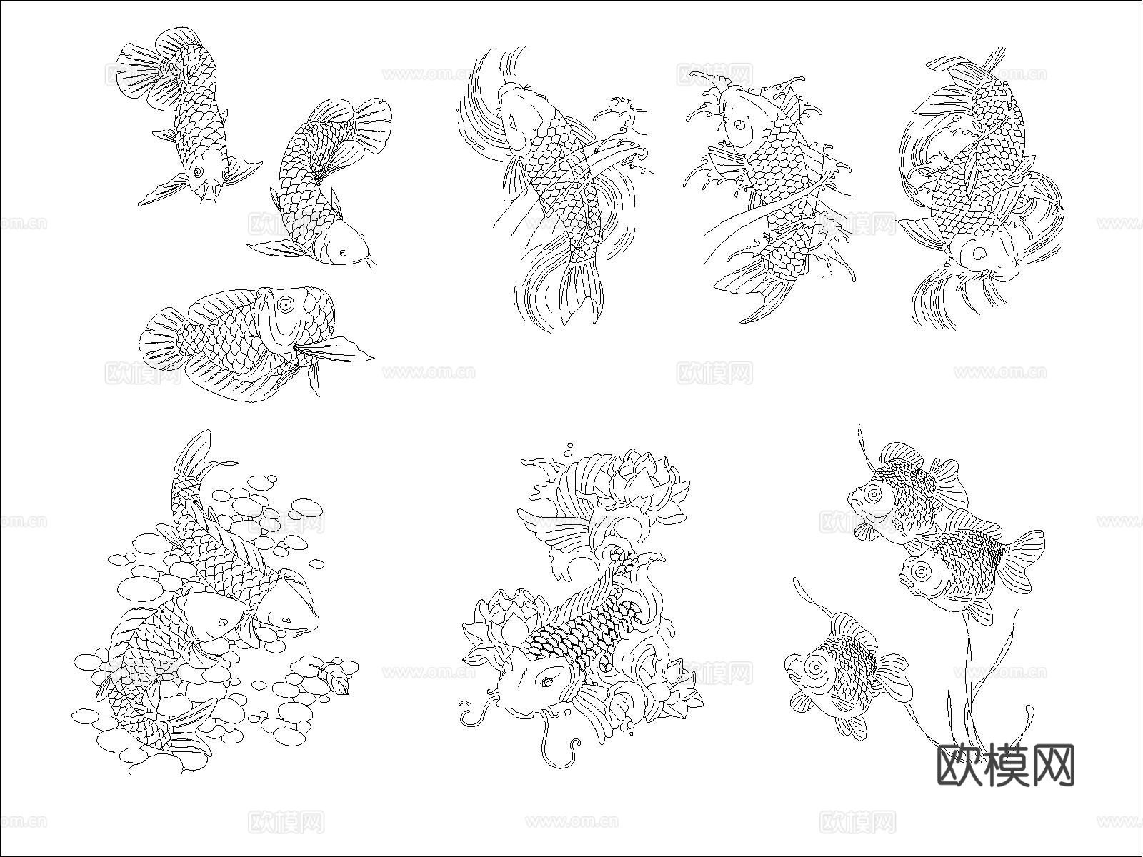 现代金鱼鲤鱼CAD图块下载（渲染图2）