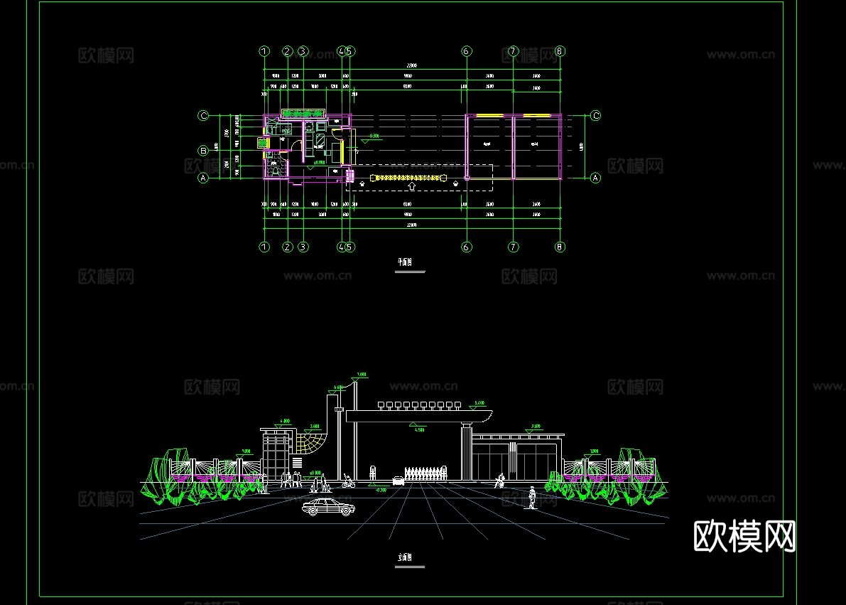 某学校大门CAD平面图下载（渲染图1）