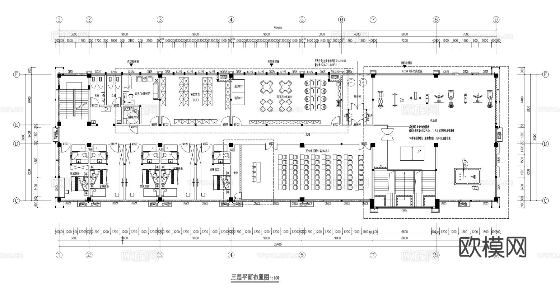 现代消防站大楼CAD平面图下载（渲染图1）
