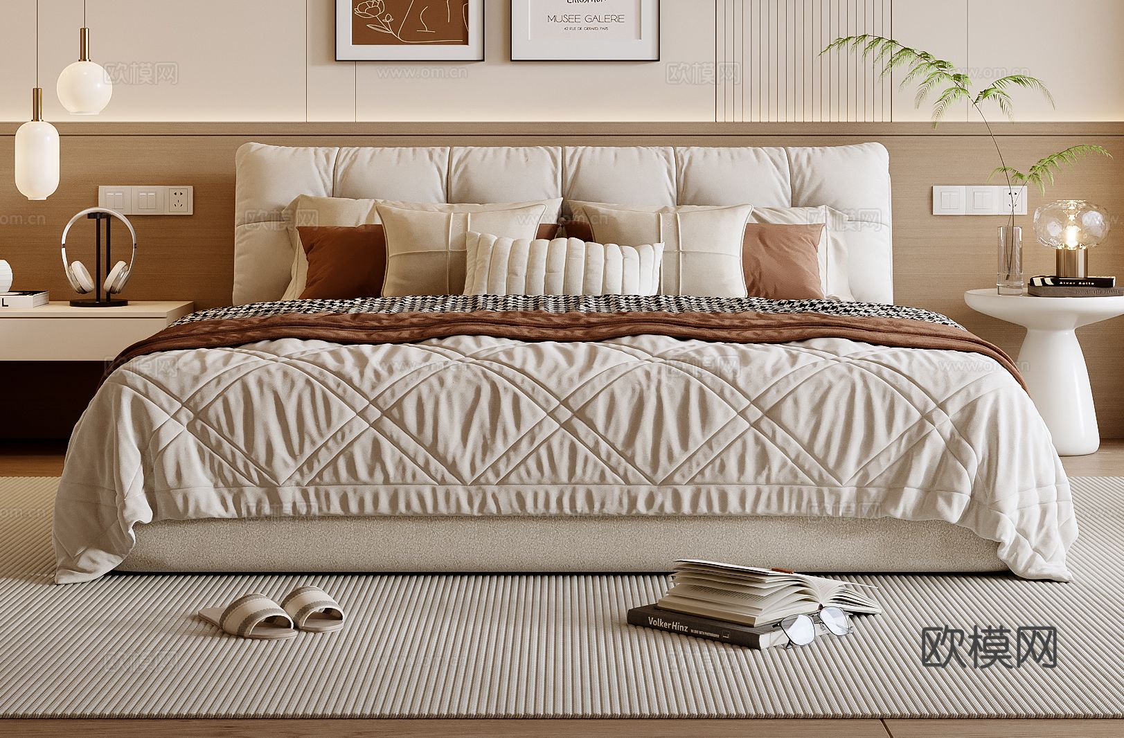 奶油风双人床3d模型下载