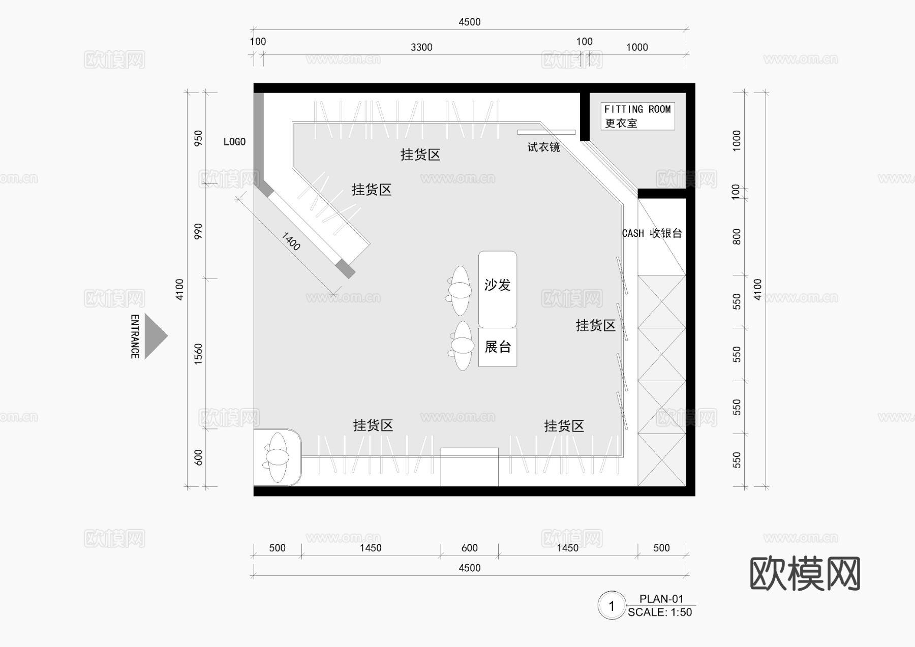 小面积服装店CAD平面图