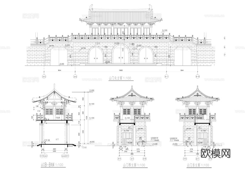 仿古山門建筑CAD立面圖下載