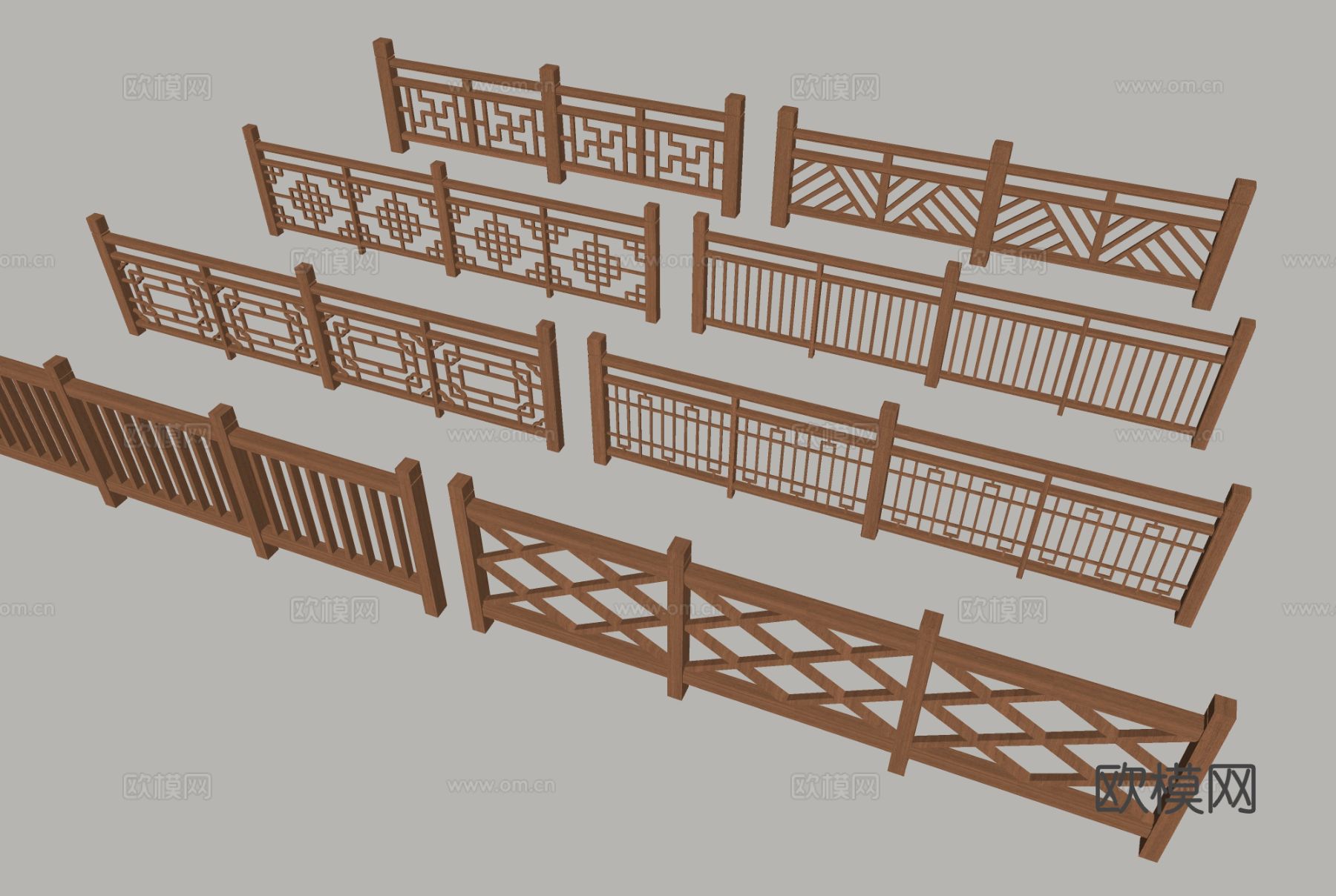 新中式栏杆 护栏 木栏杆 围栏su模型