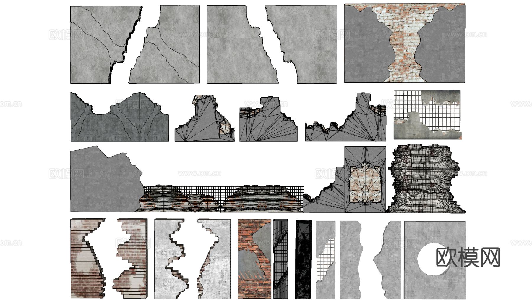 做旧水泥墙 残缺墙 破损墙su模型