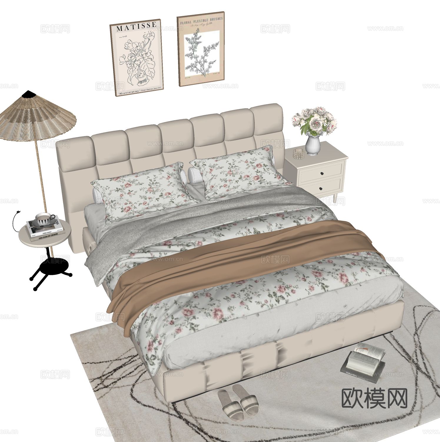 奶油风双人床su模型下载（渲染图1）