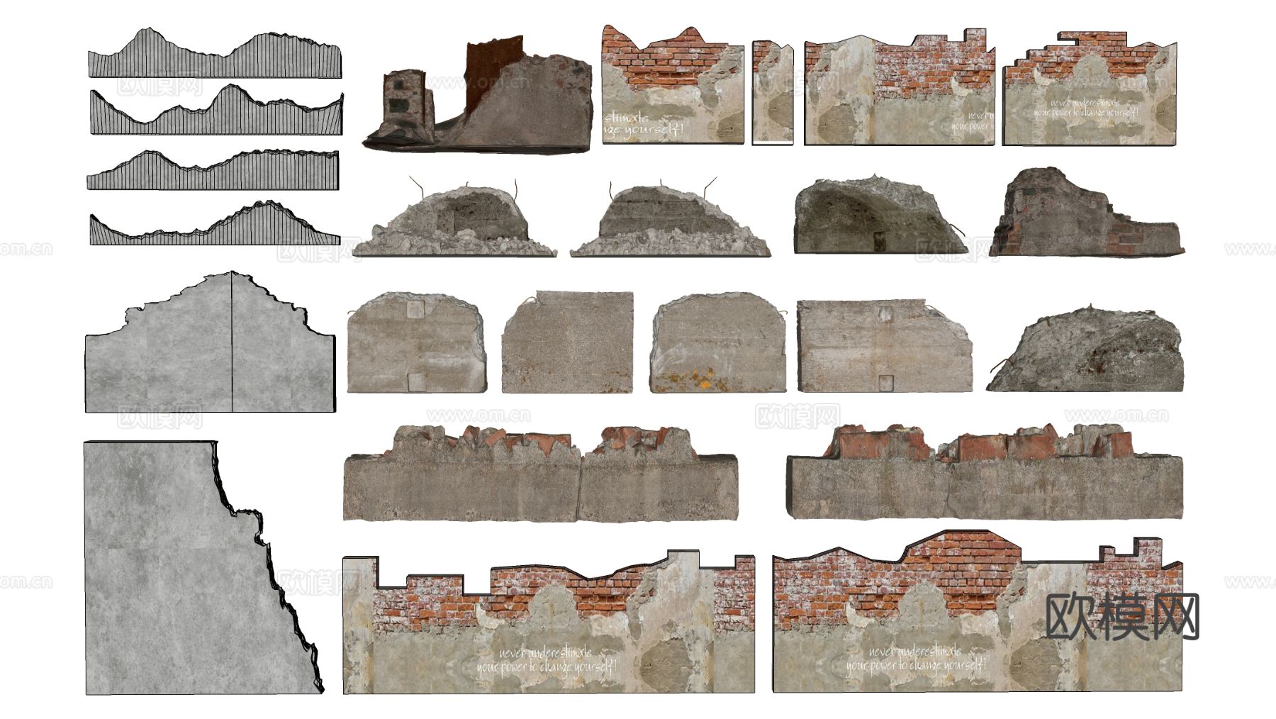 做旧水泥墙 残缺墙 破损墙su模型