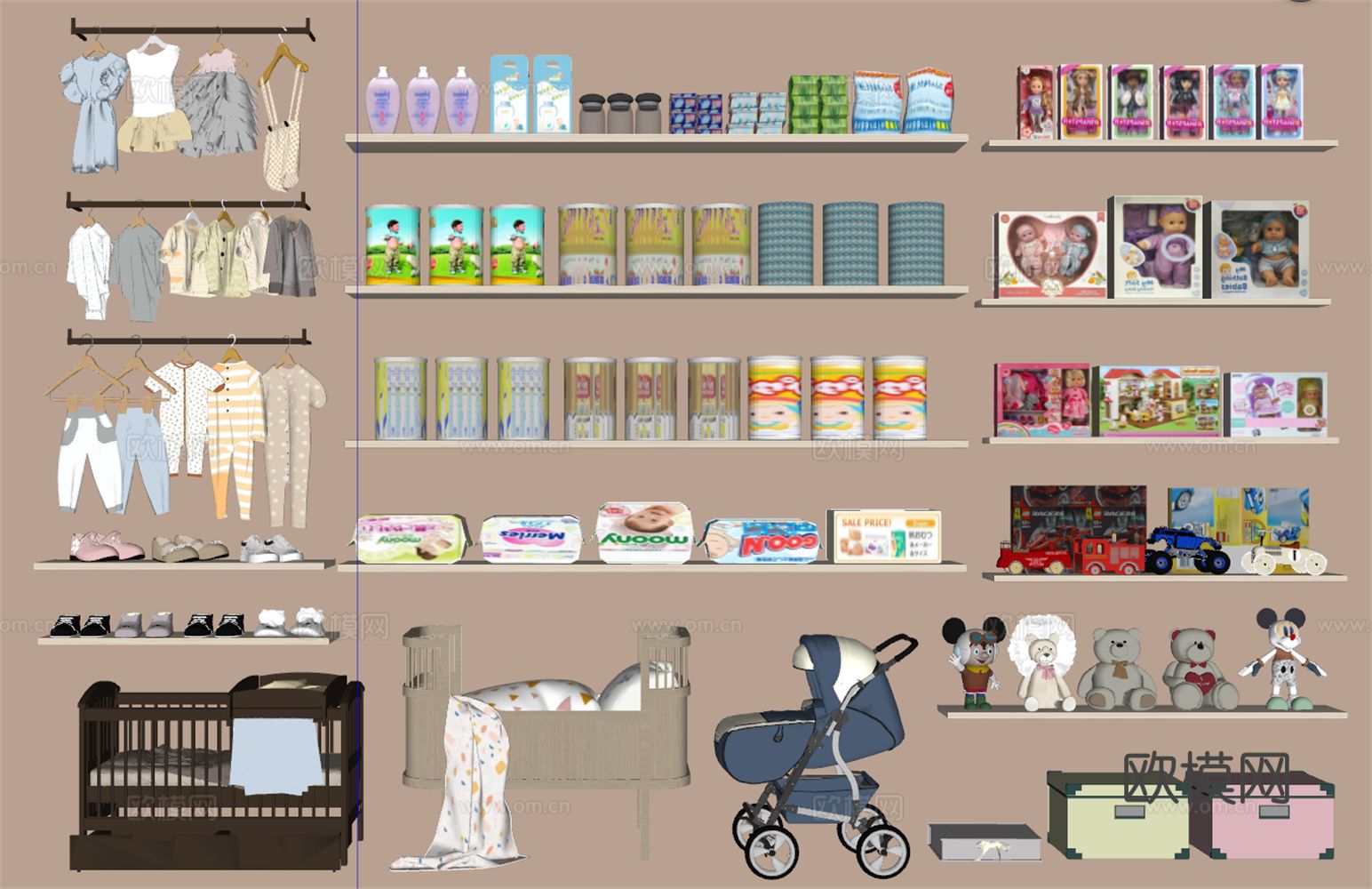 婴儿用品 婴儿床 奶粉 尿裤  玩具su模型下载（渲染图1）
