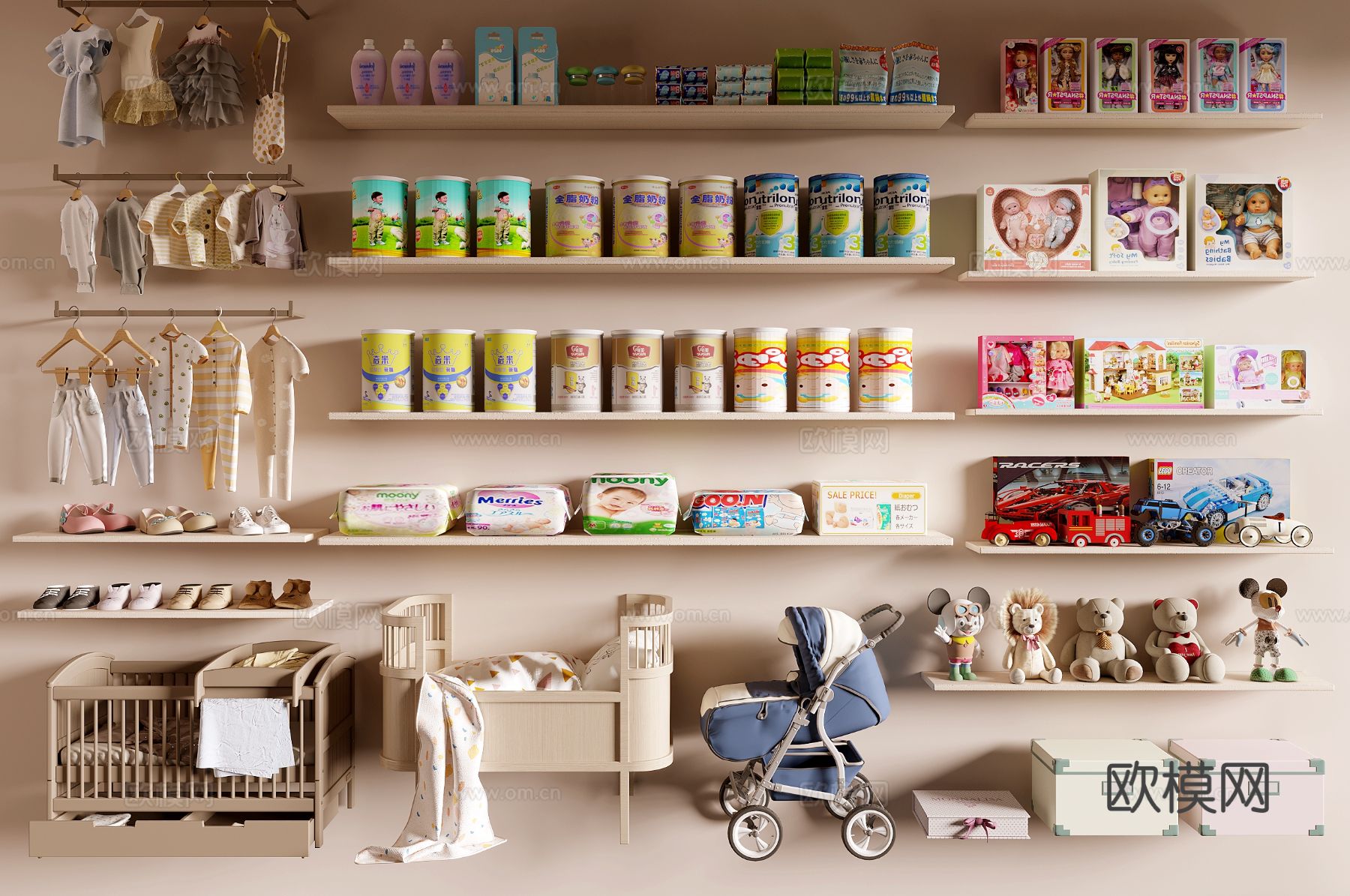婴儿用品 婴儿床 奶粉 尿裤  玩具su模型下载（渲染图2）