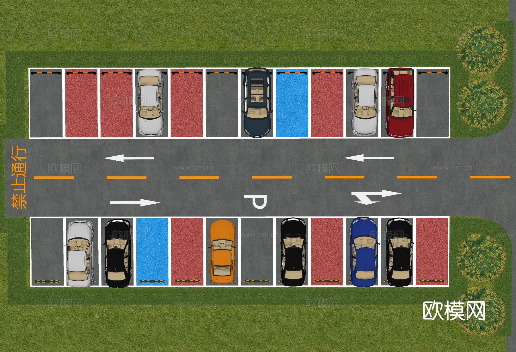 户外停车场 停车位su模型下载（渲染图1）