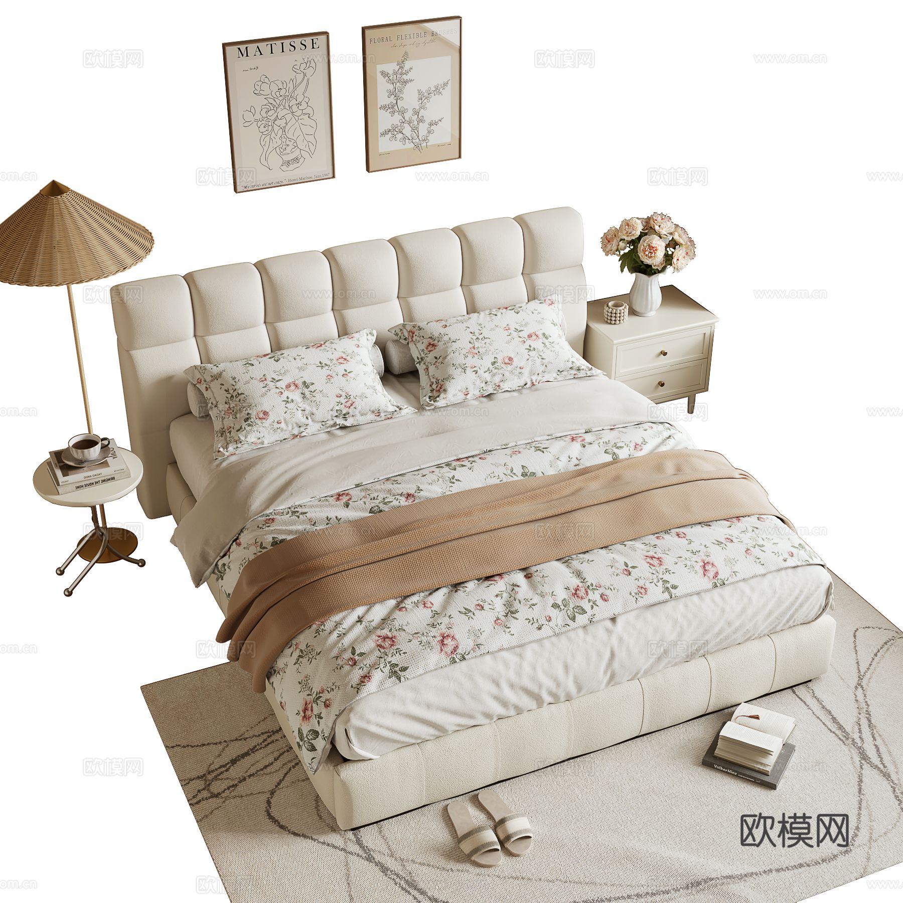 奶油风双人床su模型下载（渲染图2）