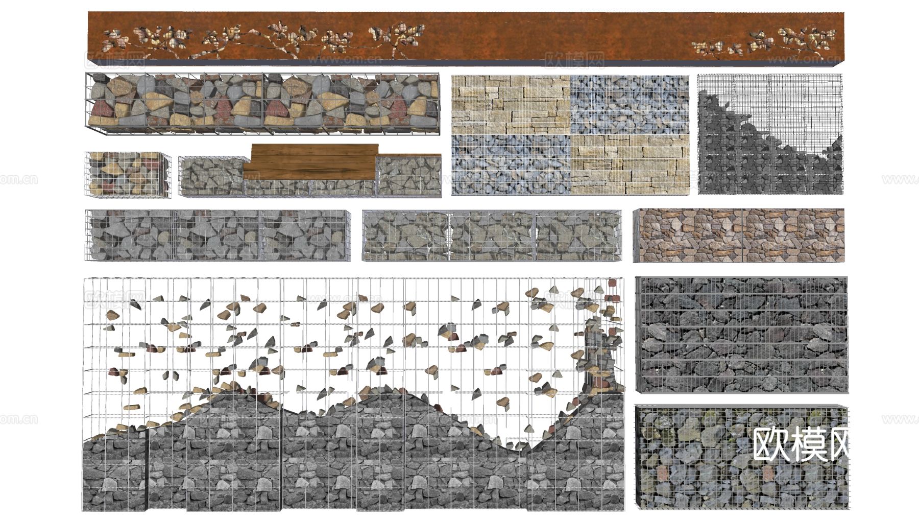 现代石笼景墙 石笼座椅 石笼挡墙su模型