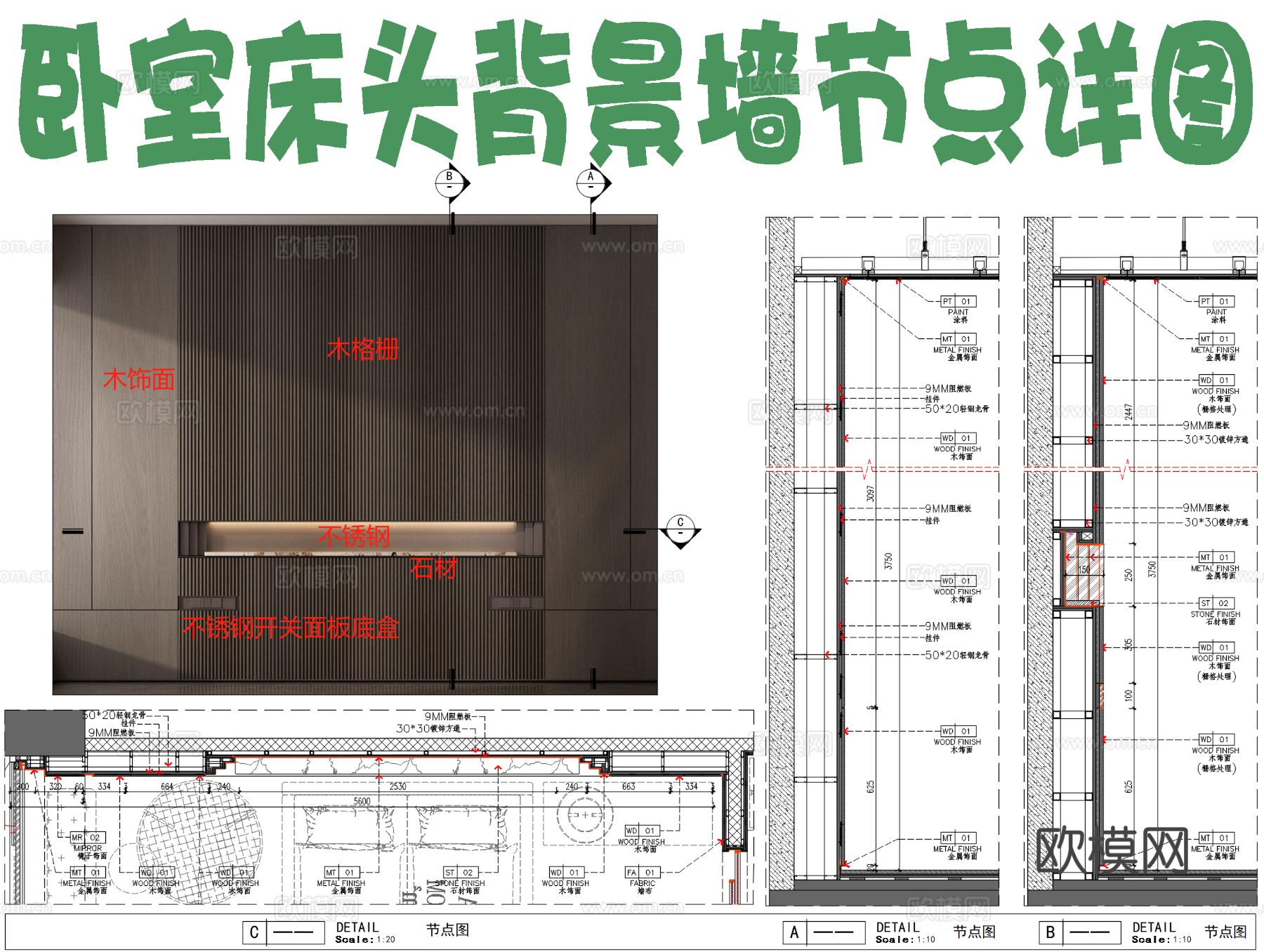 卧室床头背景墙节点大样详图