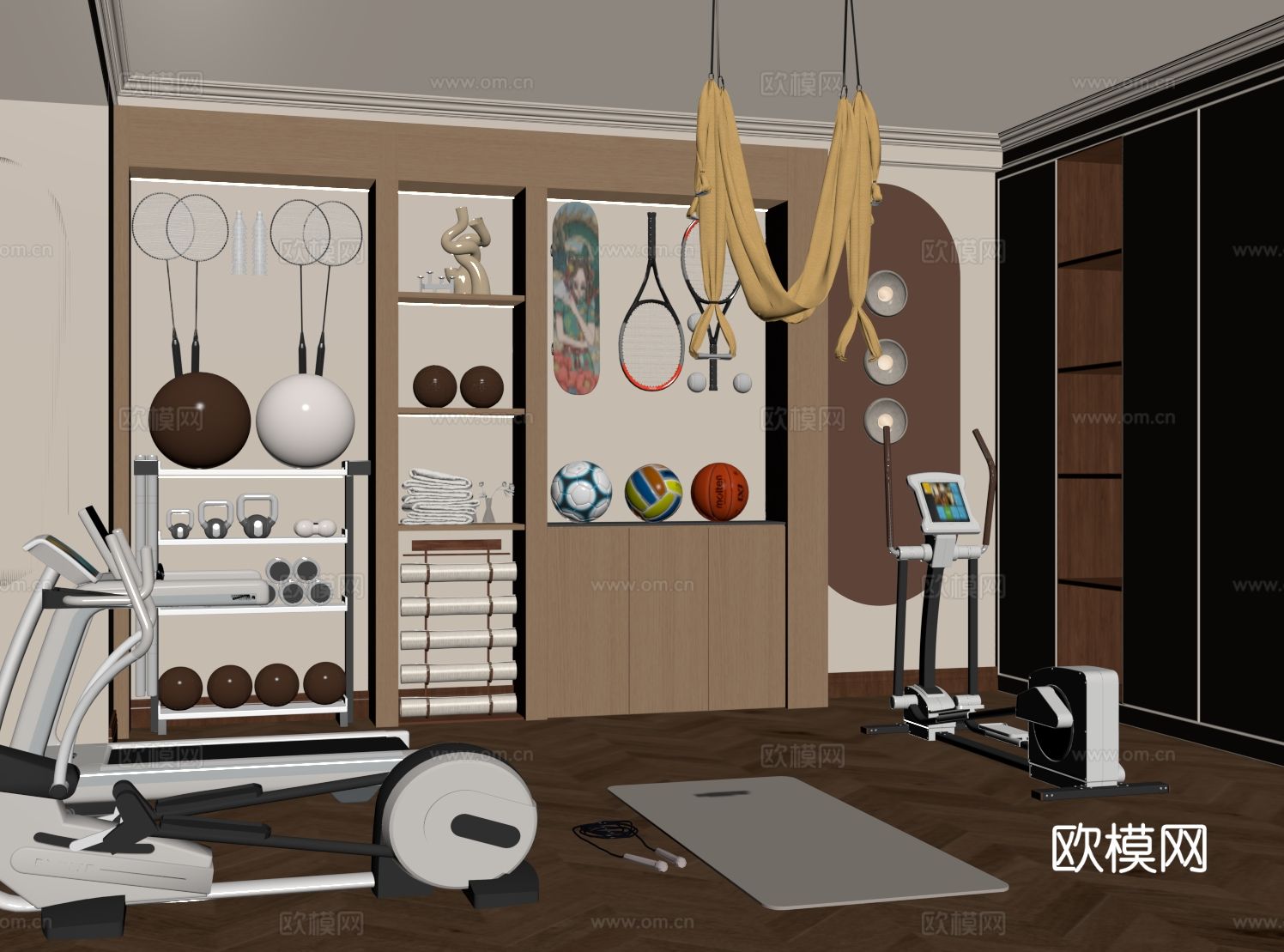 现代健身房 运动器材su模型下载（渲染图1）