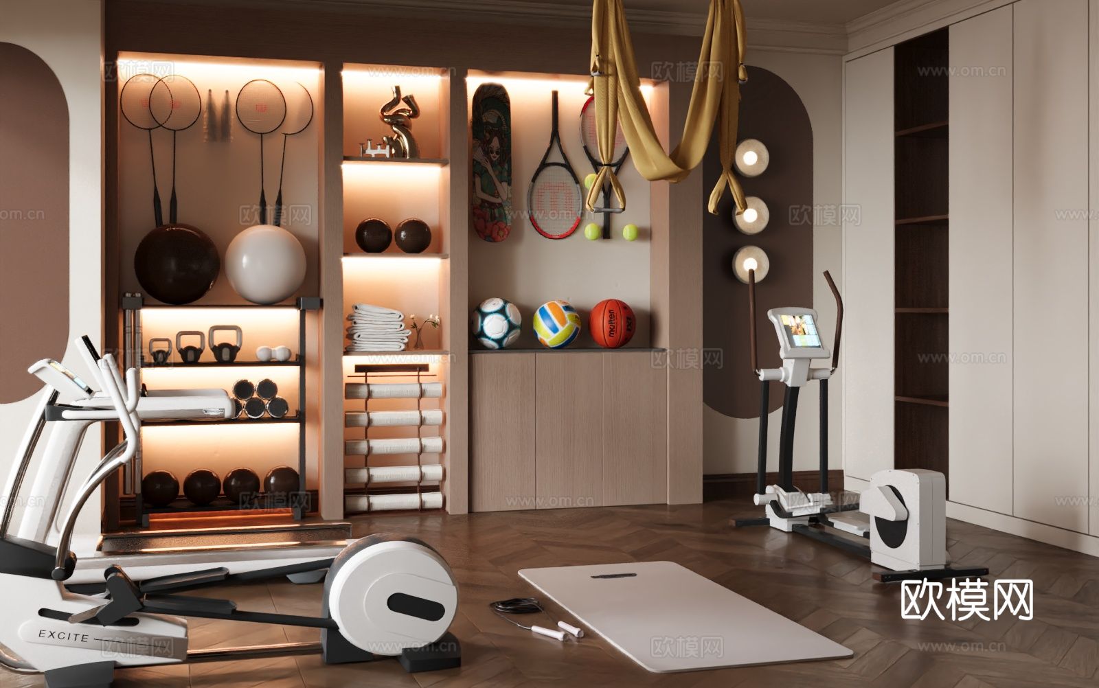 现代健身房 运动器材su模型下载（渲染图2）
