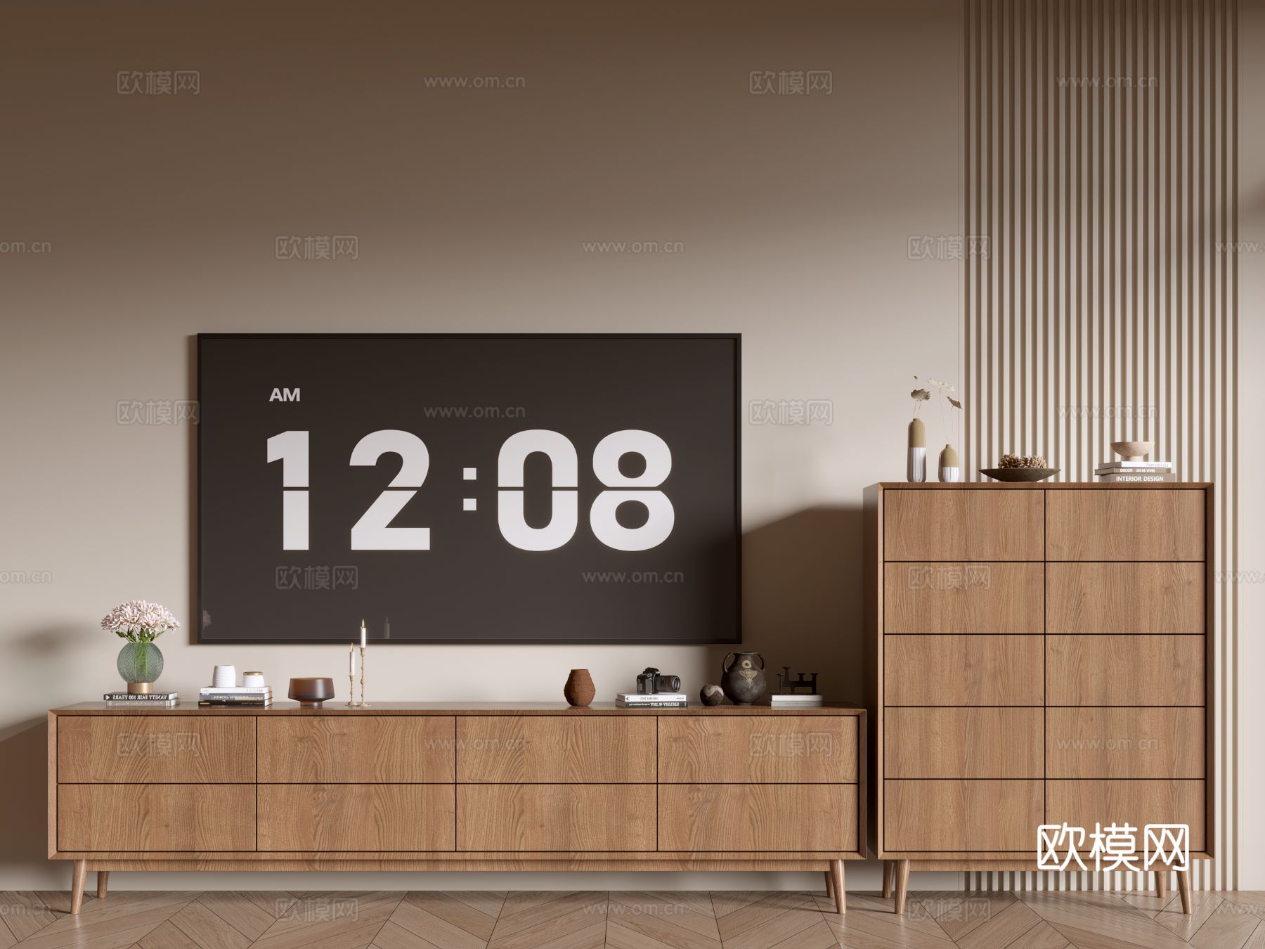 原木风电视柜su模型下载（渲染图2）