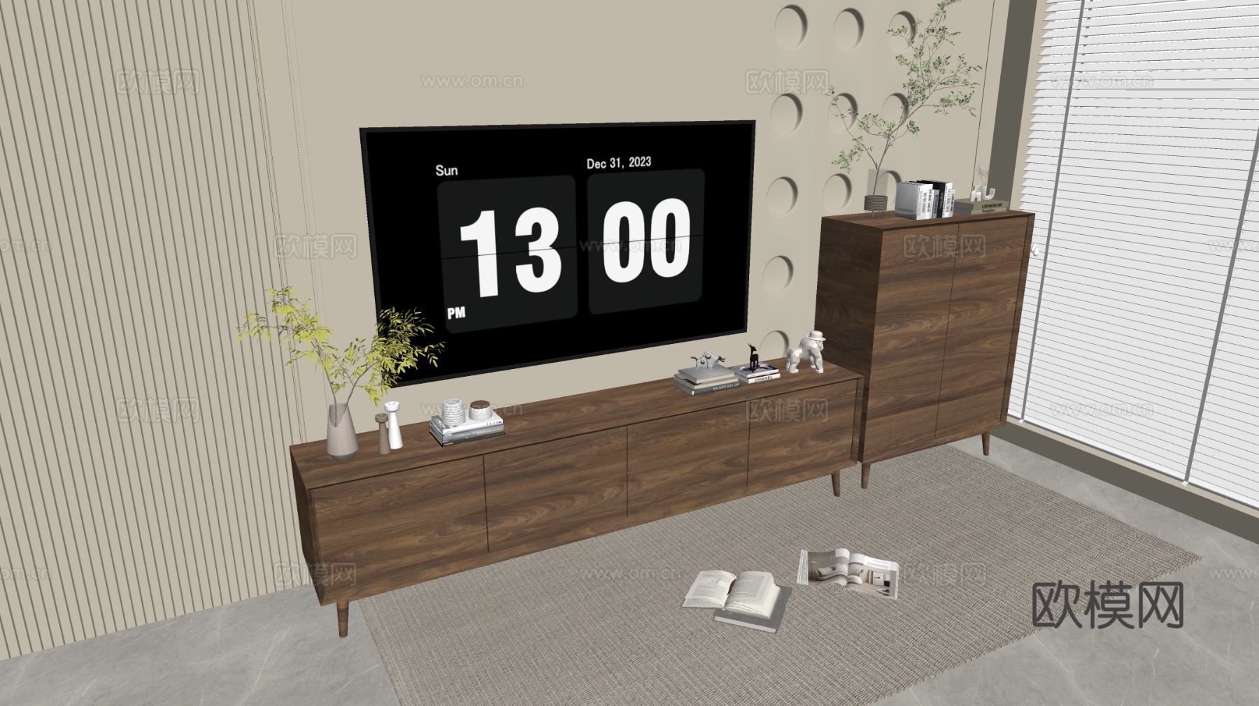 原木风电视柜su模型下载（渲染图1）