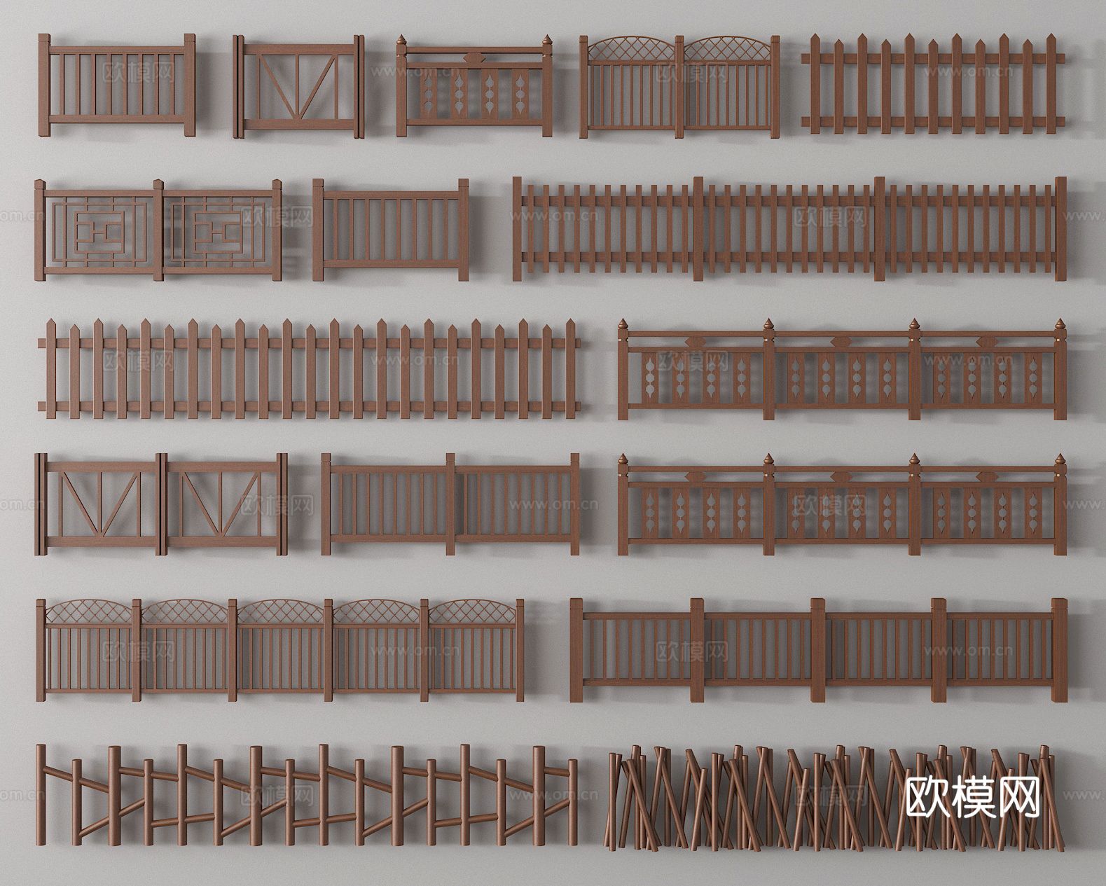 新中式木篱笆 栏杆 围栏 木护栏 栅栏su模型