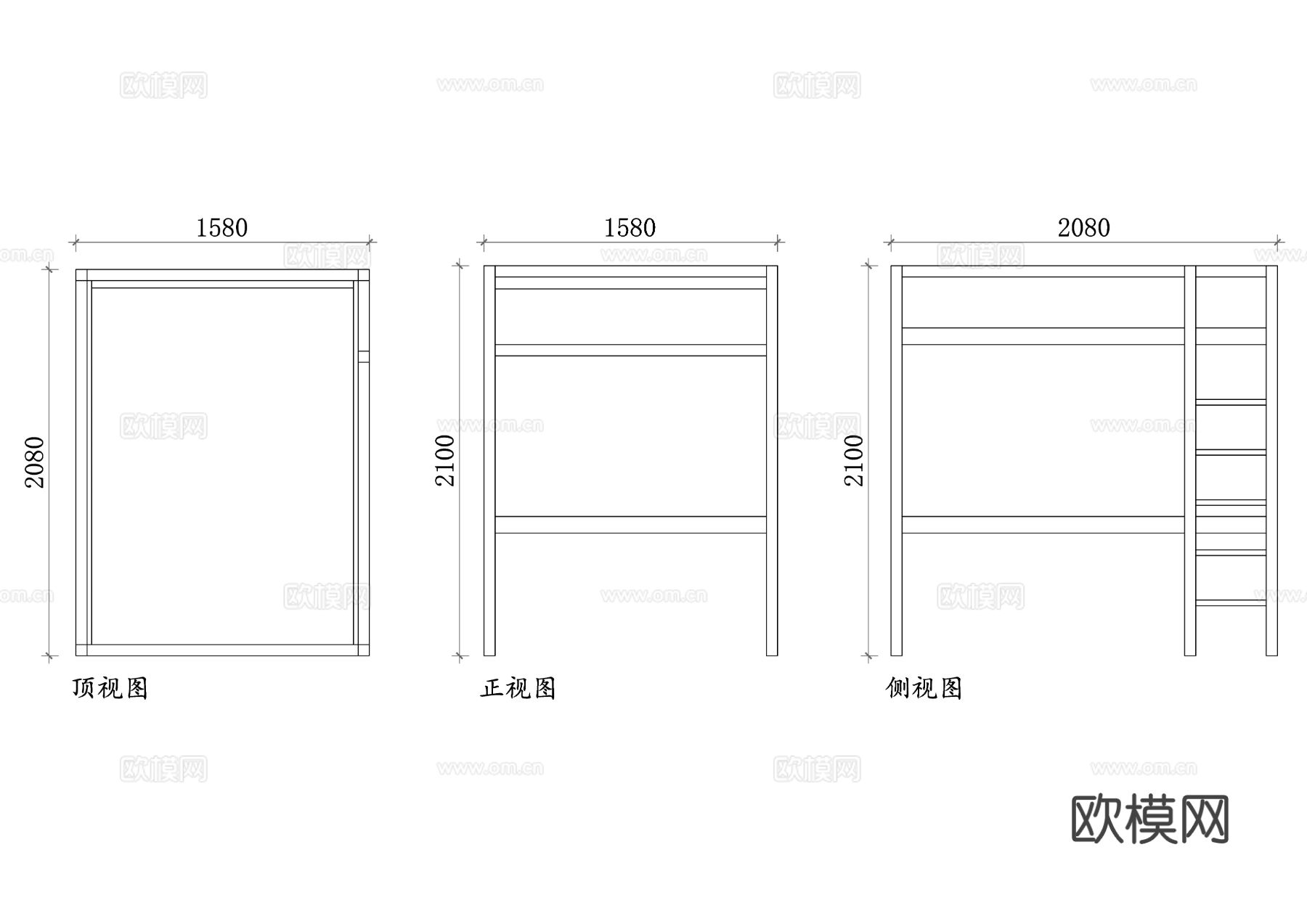 宜家阁楼床 宜家多功能阁楼床CAD三视图