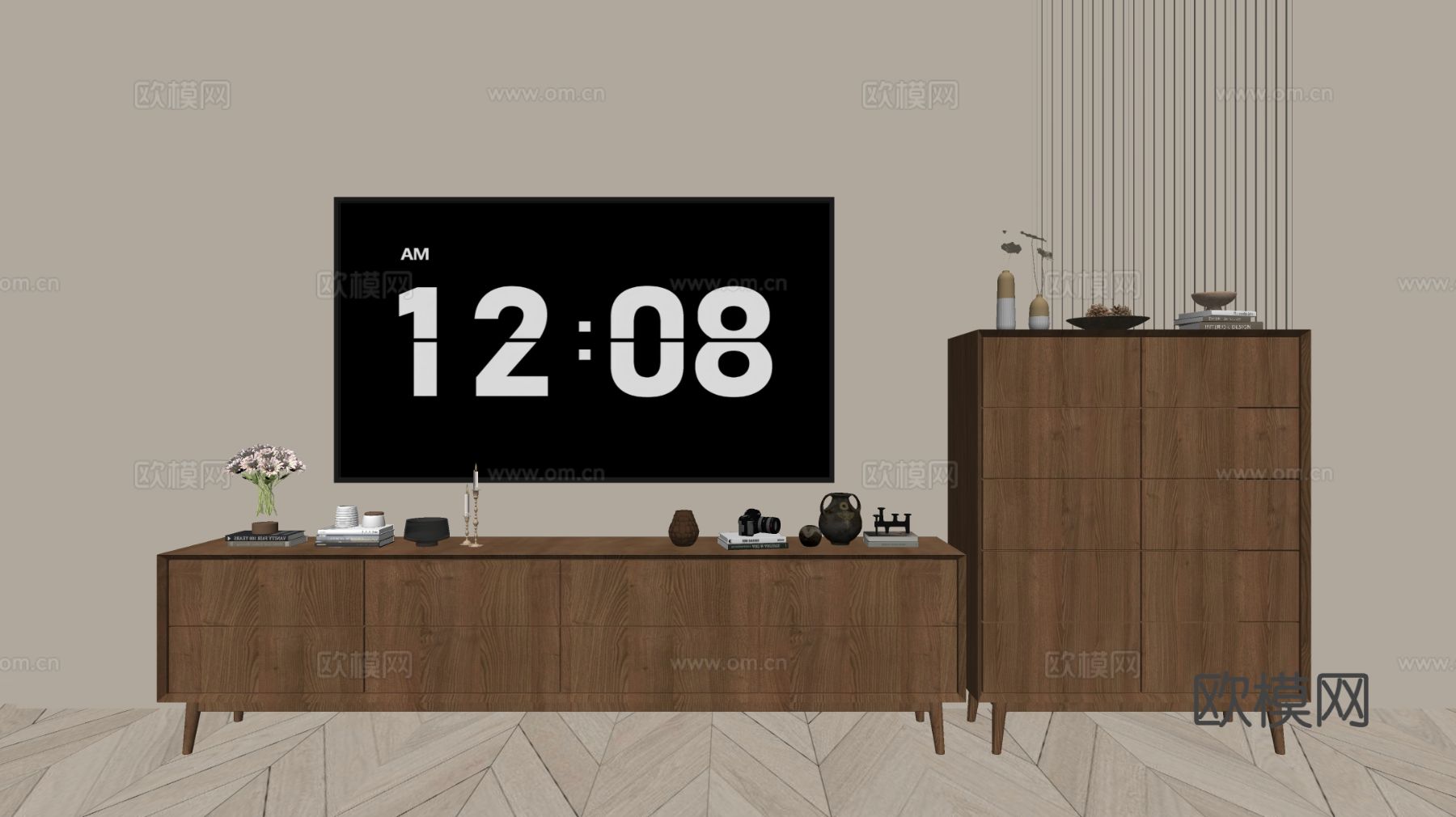 原木风电视柜su模型下载（渲染图1）