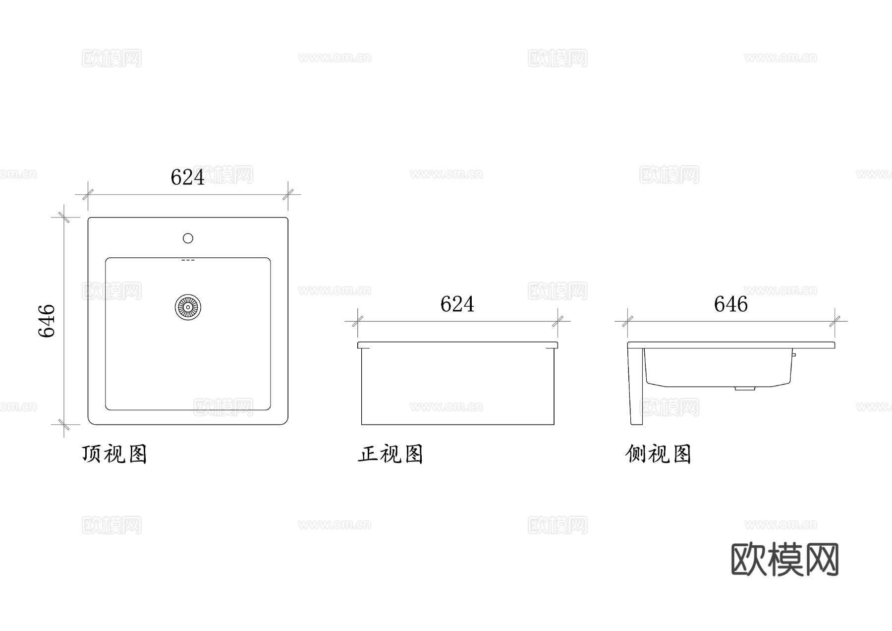 宜家单盆水槽 宜家厨房单盆水槽CAD三视图