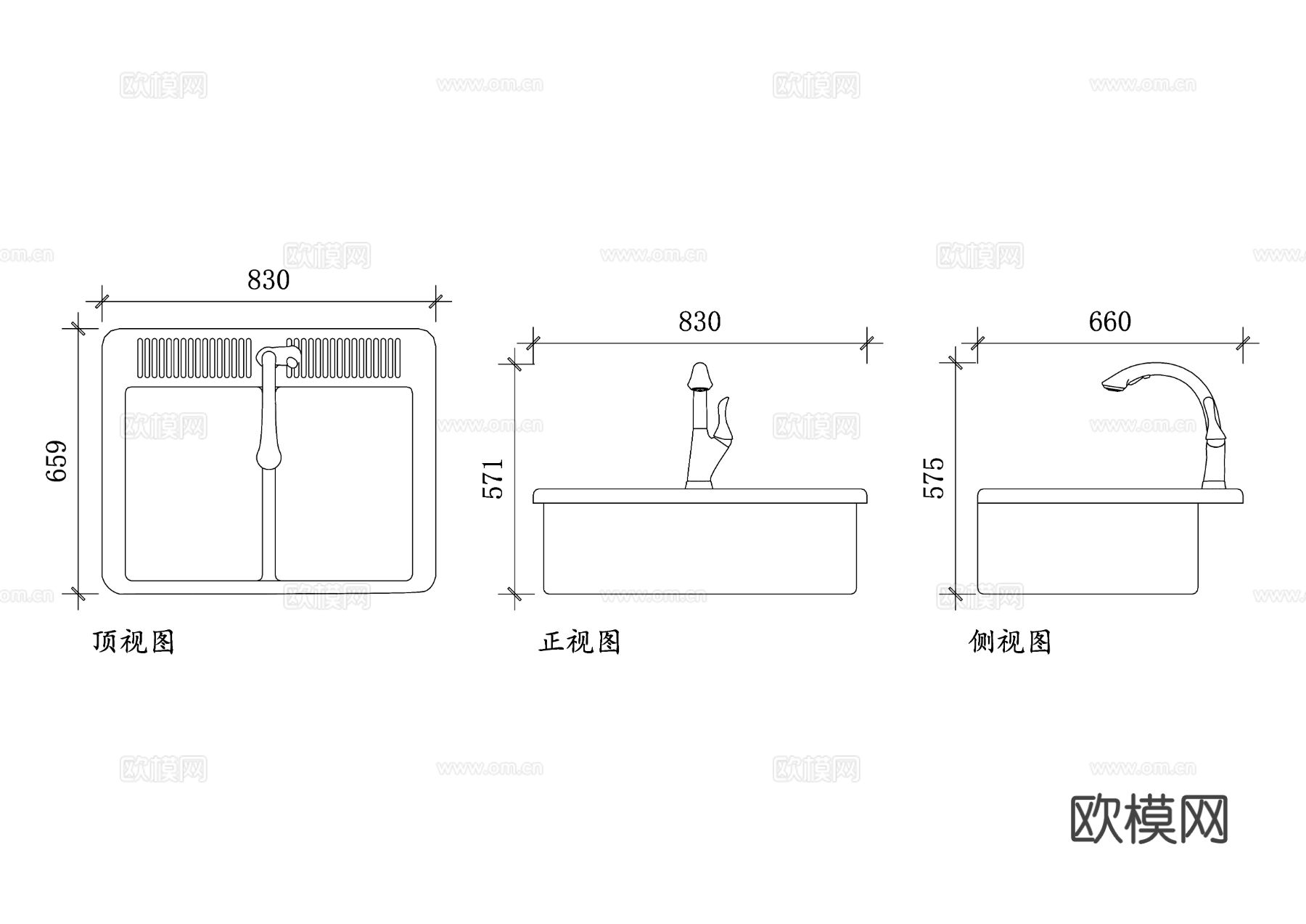 宜家双盆水槽 宜家厨房水槽CAD三视图