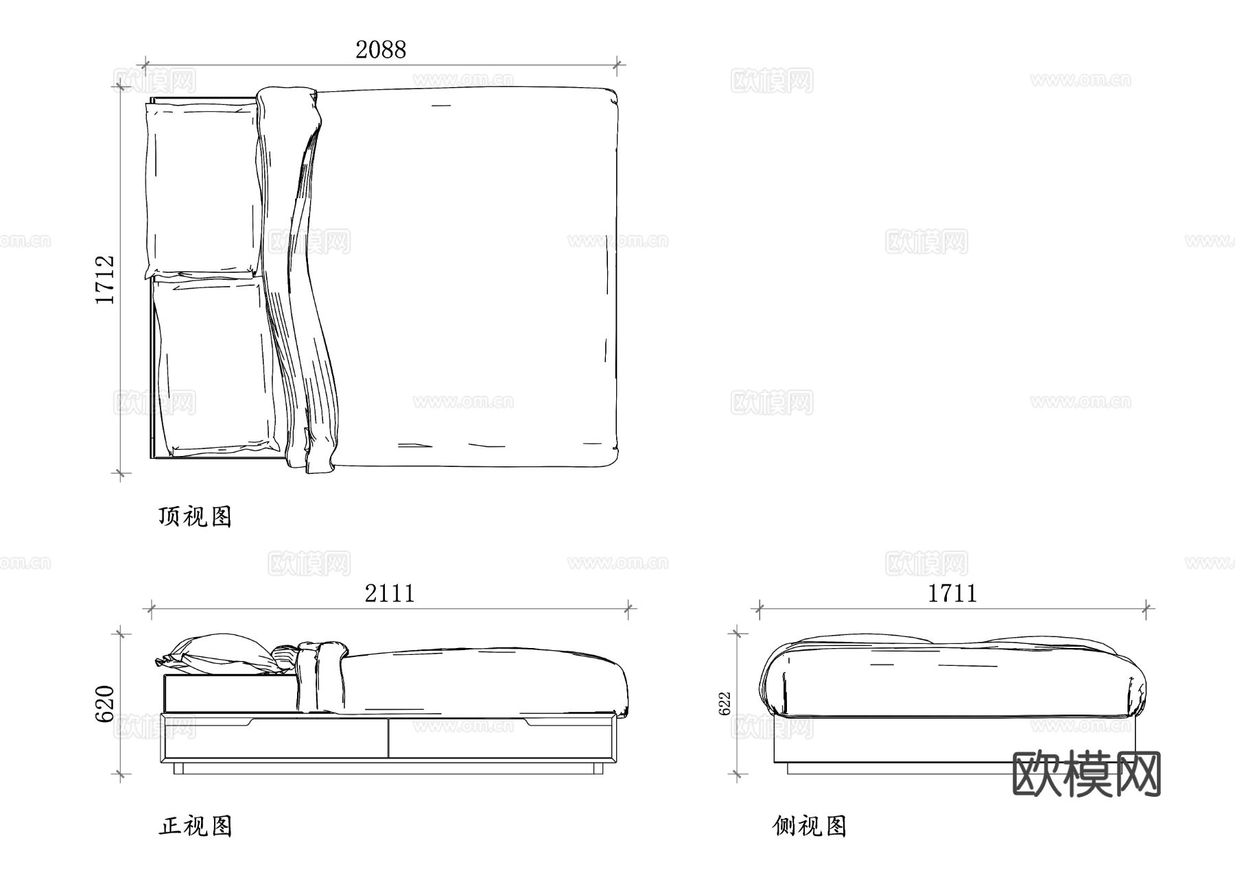 宜家曼达尔床 宜家 MANDAL 床CAD三视图