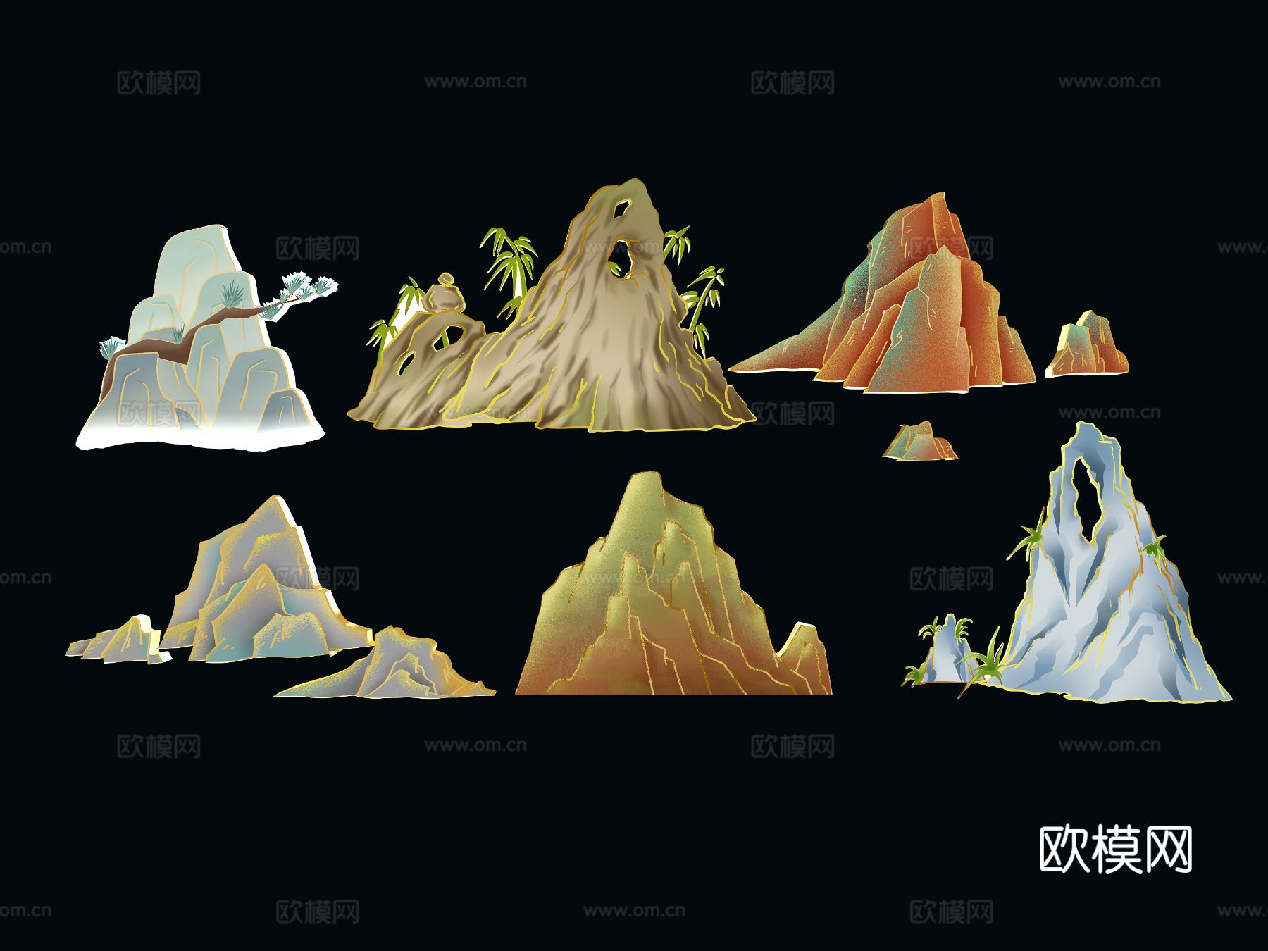 中式国潮山水 假山 线条 山头 山峰 线条山免费3d模型