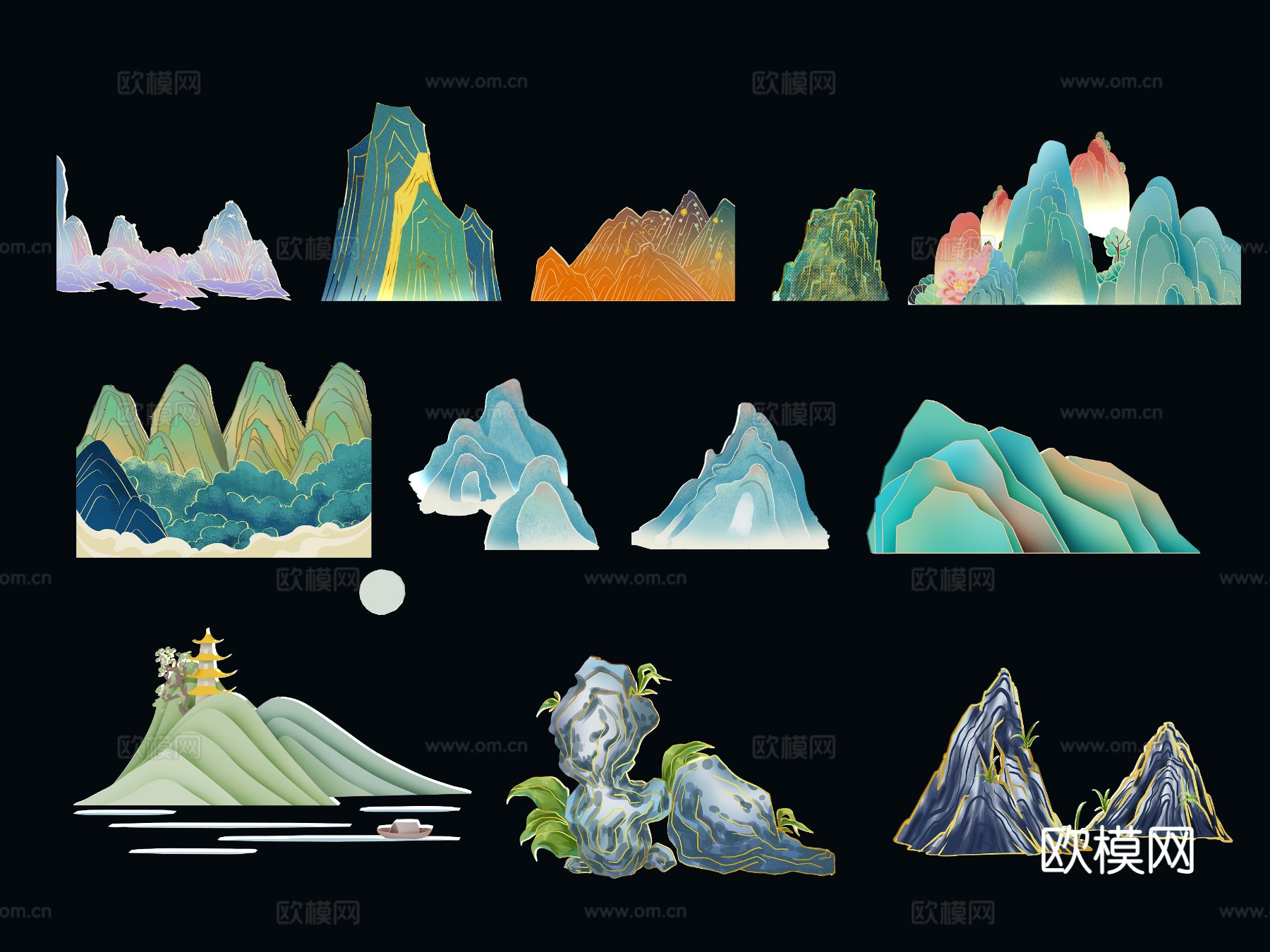 中式国潮山水 假山 线条 山头 山峰 线条山免费3d模型