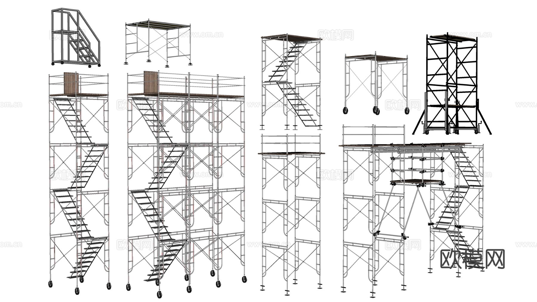 现代工地脚手架 登高架 爬梯 工地梯子su模型