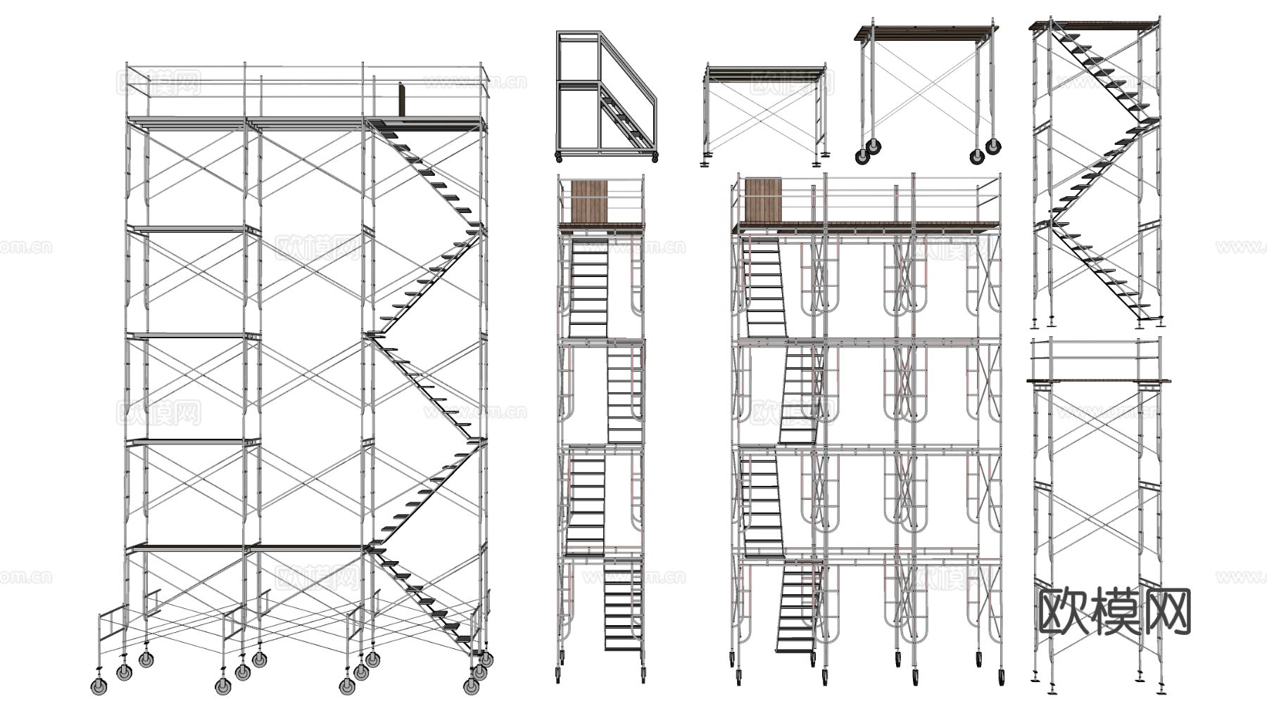 现代工地脚手架 登高架 爬梯 工地梯子su模型