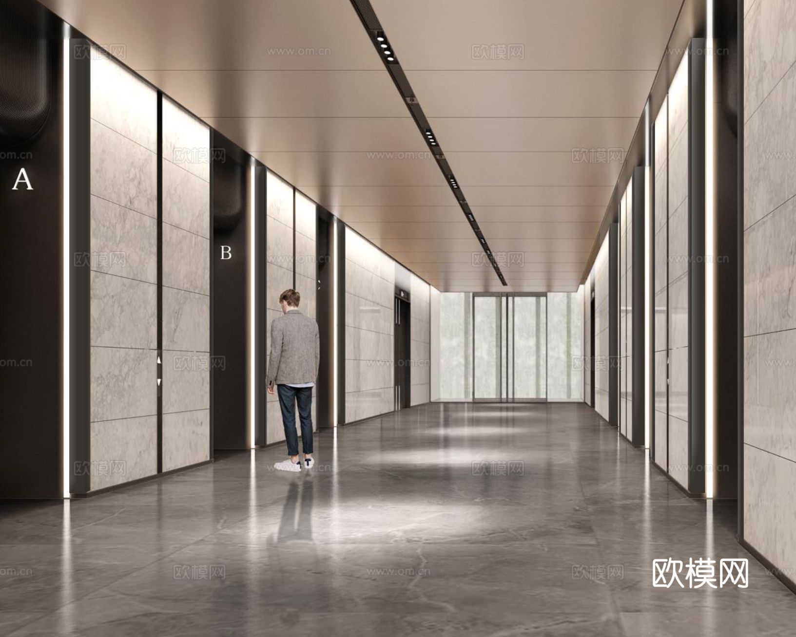 办公楼大堂公区标准层走廊电梯厅卫生间cad施工图下载（渲染图5）