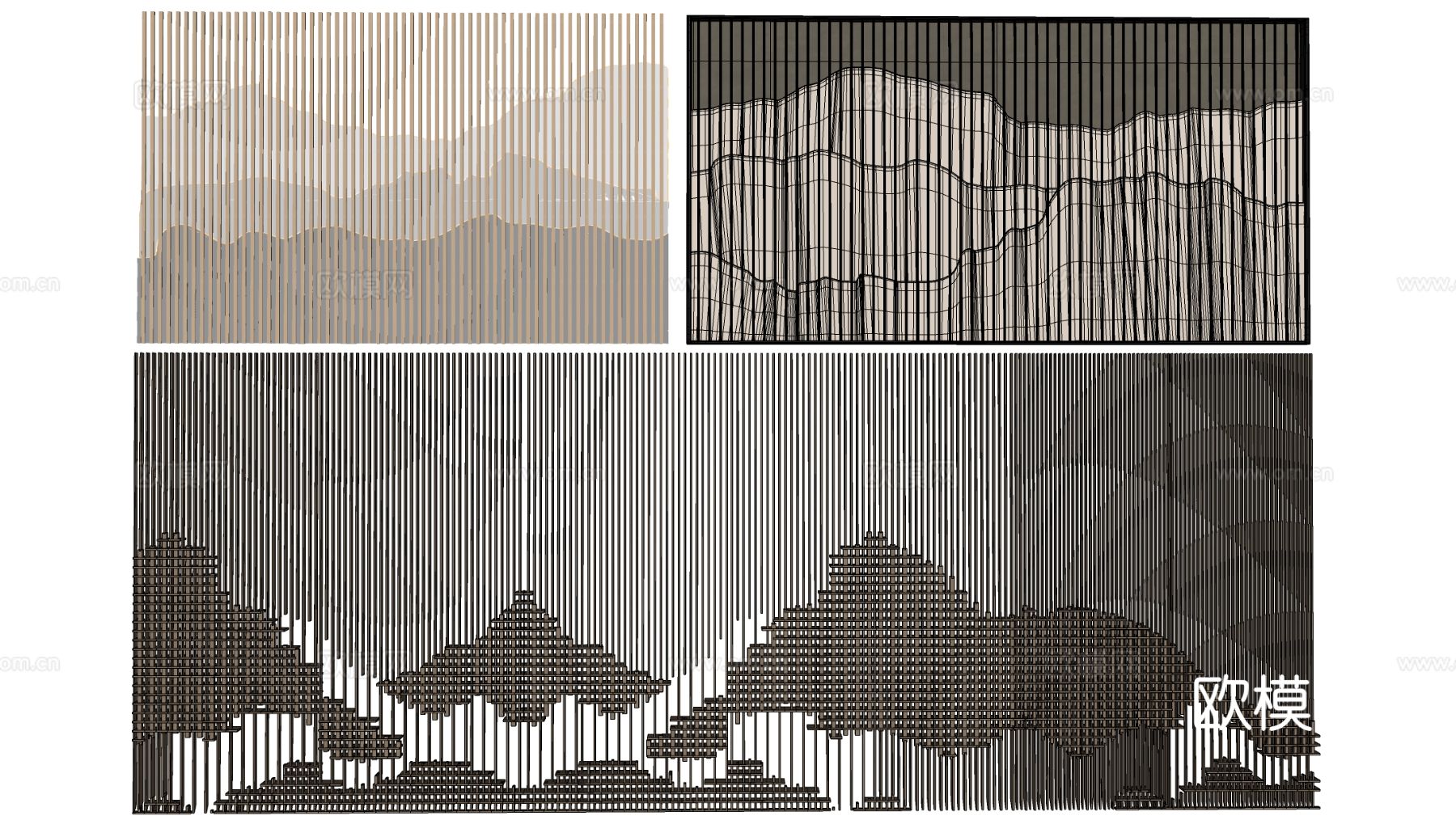 新中式背景墙 格栅背景墙 山水背景墙 文化墙su模型