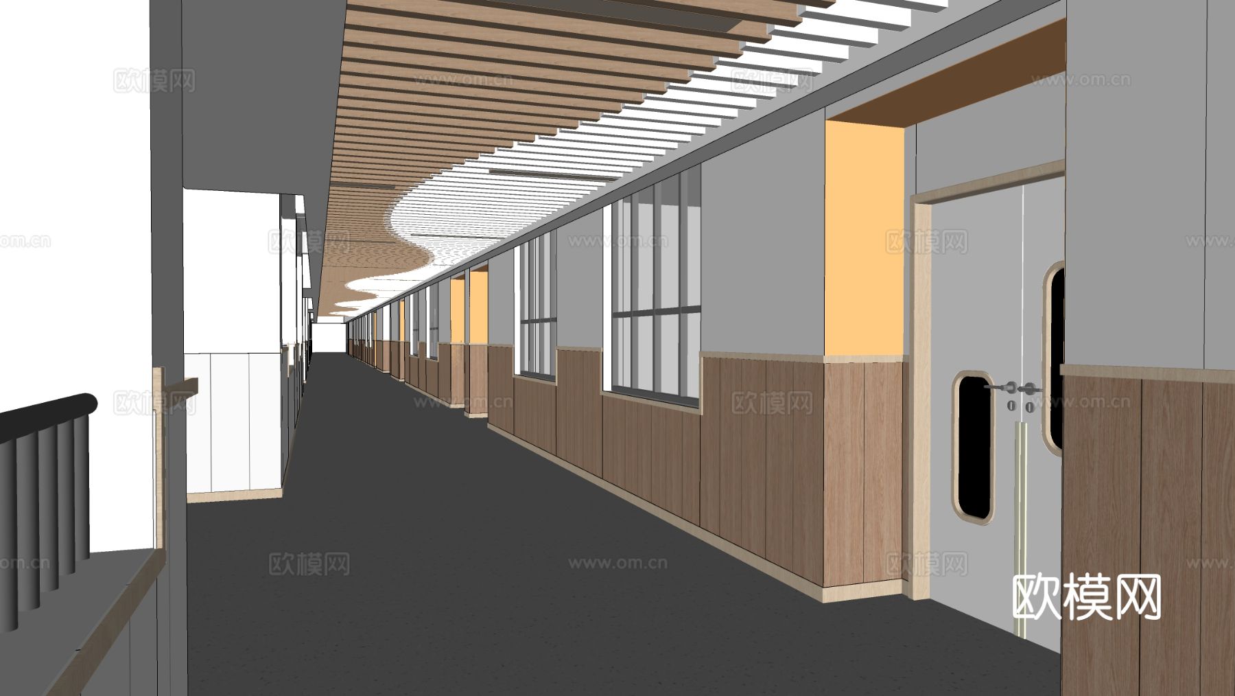 现代走廊过道 学校走廊 走廊文化墙su模型