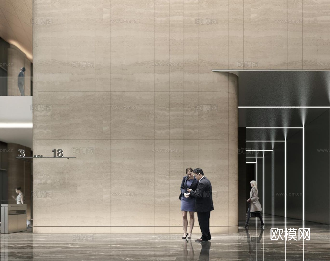 办公楼大堂公区标准层走廊电梯厅卫生间cad施工图下载（渲染图3）