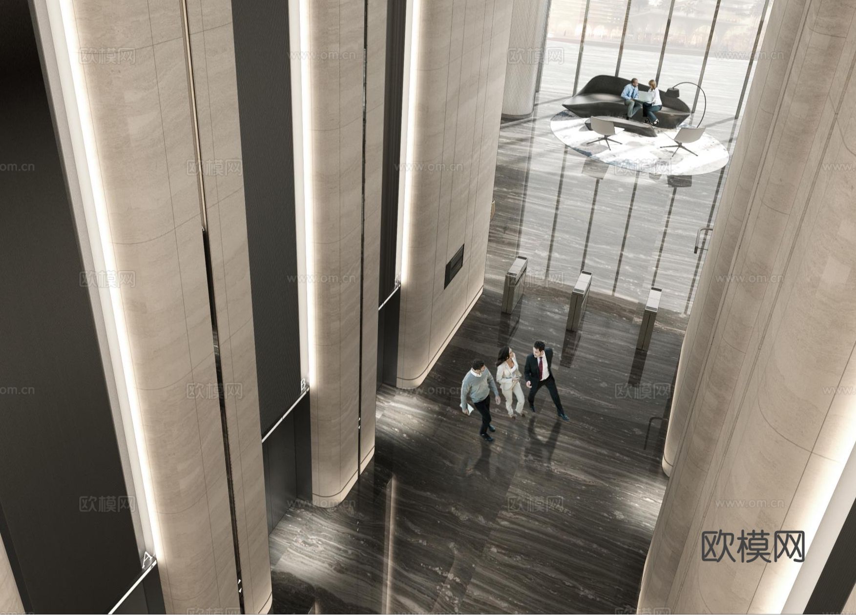 办公楼大堂公区标准层走廊电梯厅卫生间cad施工图下载（渲染图2）