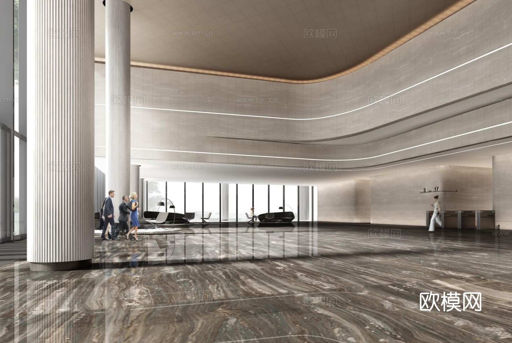 办公楼大堂公区标准层走廊电梯厅卫生间cad施工图下载（渲染图4）