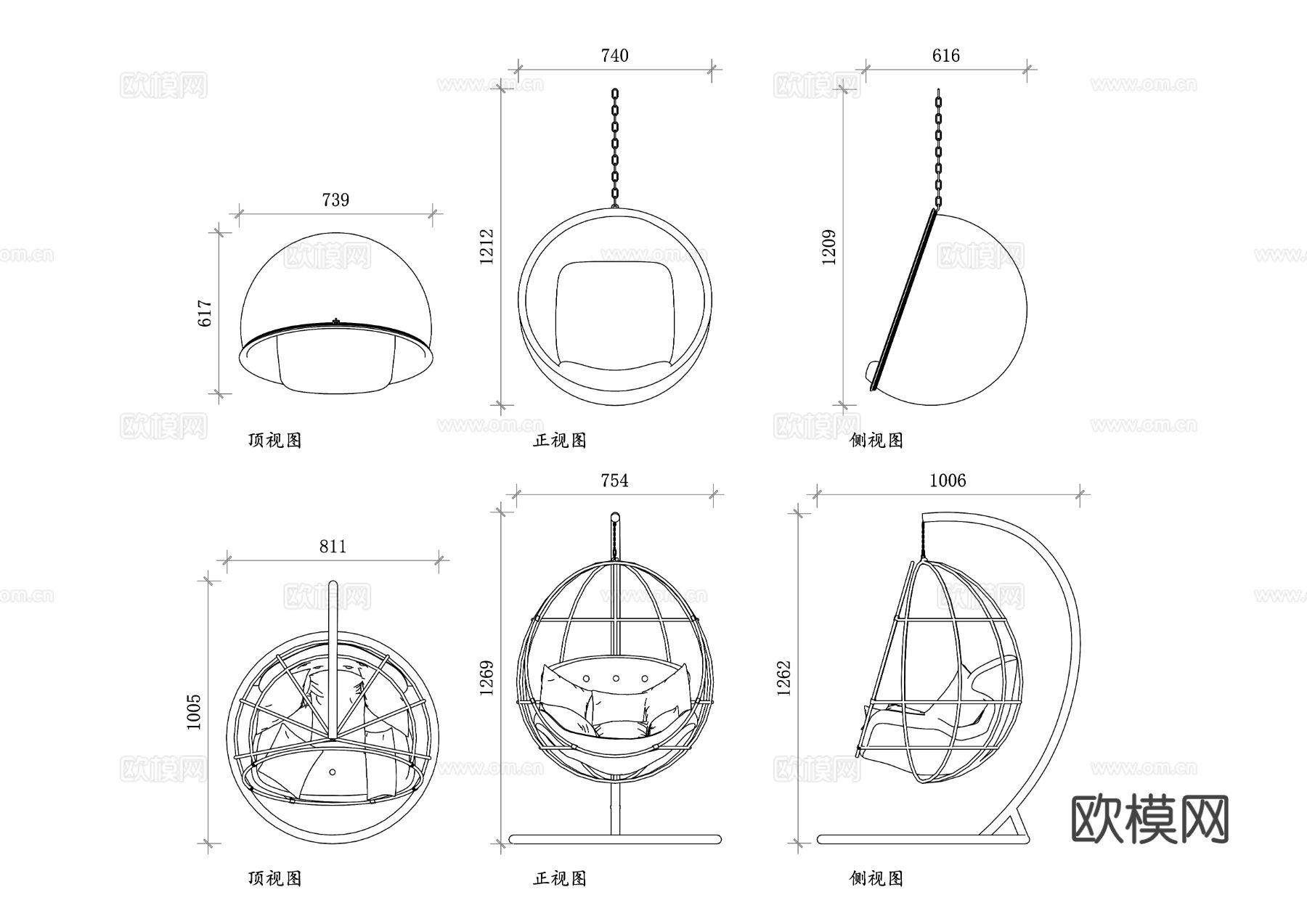 吊篮椅 悬臂椅 圆形悬挂椅 泡泡椅 摇摆椅cad大样图